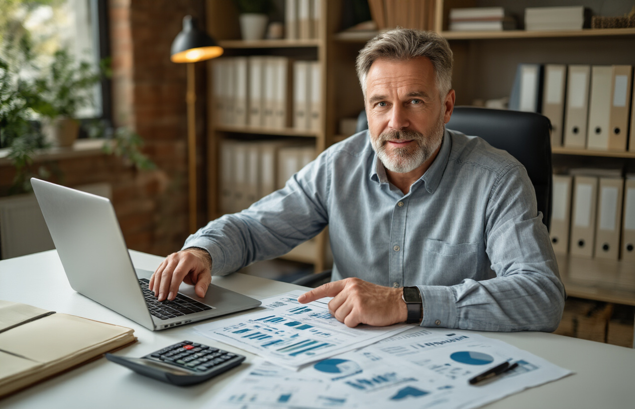Create a realistic image of a middle-aged white male financial advisor sitting at a modern desk with tax documents, calculator, and laptop computer spread out, pointing to charts showing tax deduction strategies, with filing cabinets and financial books in the background, warm office lighting creating a professional and focused atmosphere, absolutely NO text should be in the scene.