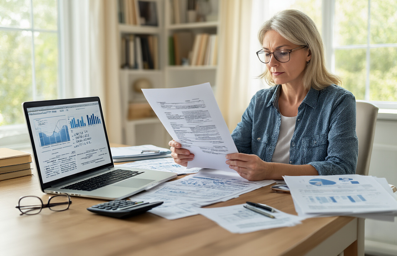 Create a realistic image of a middle-aged white female sitting at a clean wooden desk with official government documents and forms spread out, a laptop computer open displaying charts and graphs, reading glasses placed nearby, a calculator, and a pen in her hand, with a calm and focused expression as she reviews paperwork, in a well-lit home office setting with natural light coming through a window, bookshelves in the background, conveying a sense of careful planning and organization, absolutely NO text should be in the scene.