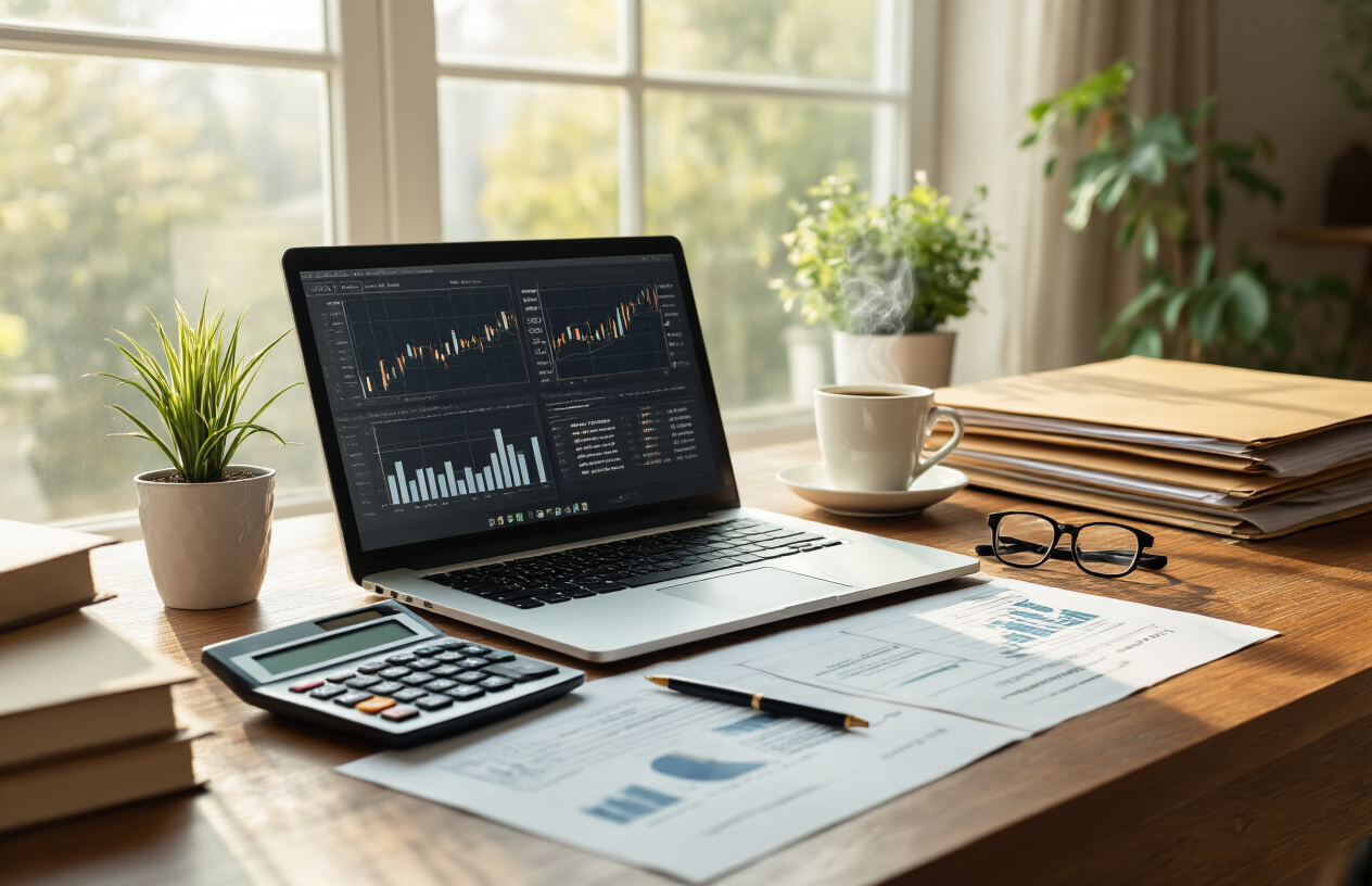 Create a realistic image of a serene home office setting with a polished wooden desk featuring an open laptop displaying financial charts, a calculator, organized manila folders, and important documents spread neatly across the surface, accompanied by a steaming cup of coffee, a pair of reading glasses, and a small potted plant, with warm natural lighting streaming through a window in the background creating a peaceful and organized atmosphere that conveys financial planning completion and retirement readiness, absolutely NO text should be in the scene.
