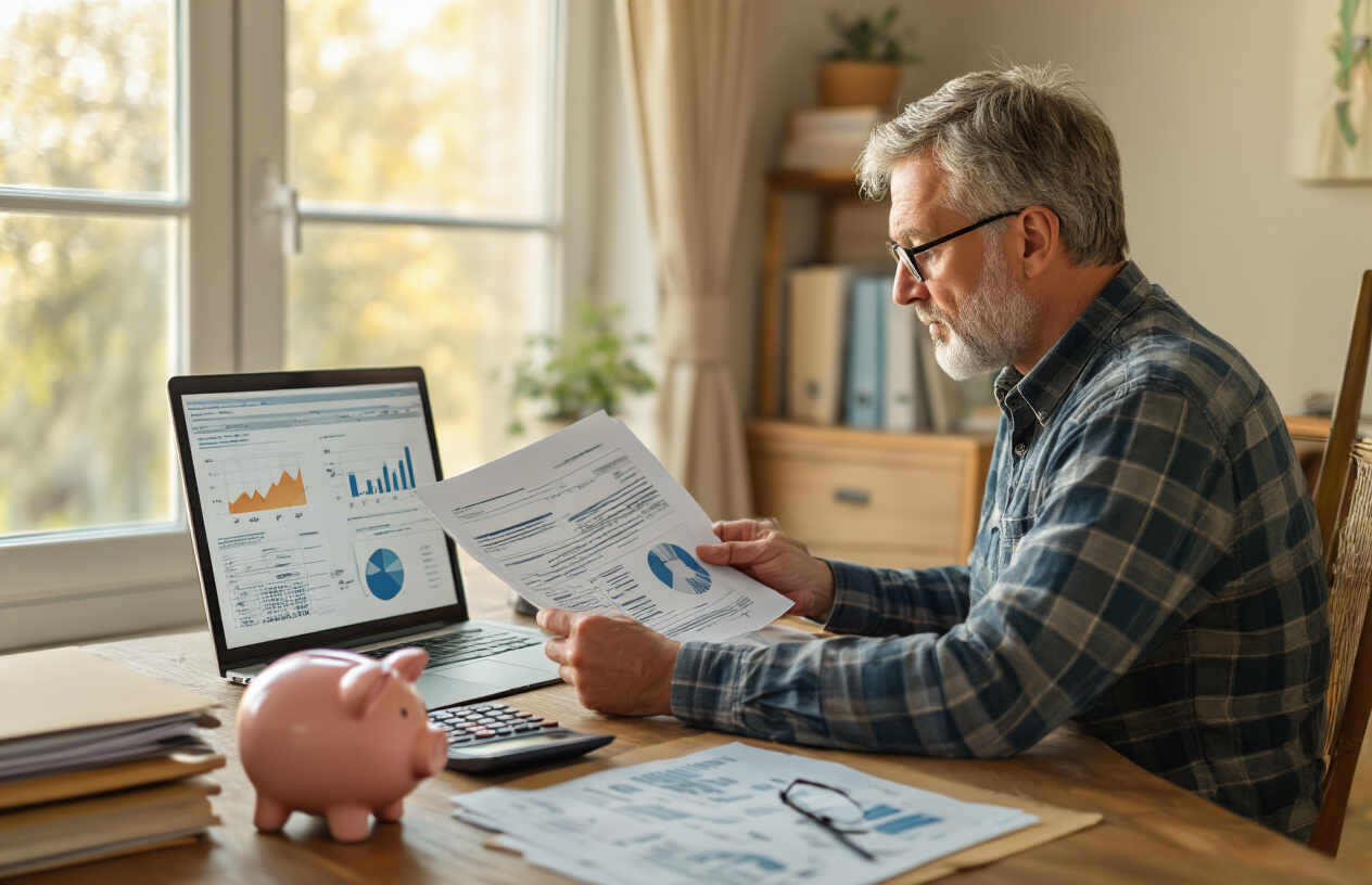 Create a realistic image of a middle-aged white male sitting at a wooden desk reviewing financial documents and insurance papers, with a calculator, reading glasses, and a laptop displaying charts and graphs about healthcare costs, surrounded by organized folders and a piggy bank, in a well-lit home office with warm natural lighting from a window, conveying a sense of careful financial planning and protection, absolutely NO text should be in the scene.