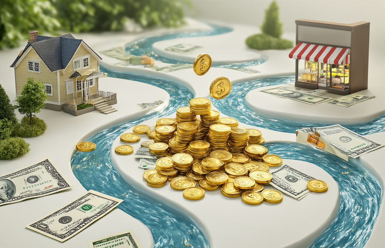 Create a realistic image of multiple income streams flowing like rivers converging into a central pool, represented by golden coins and dollar bills flowing from different sources including a rental property miniature house, dividend-paying stocks certificates, bonds documents, and a small business storefront, all set against a clean white background with soft natural lighting, conveying financial security and stability, with the streams creating a sense of continuous flow and abundance, absolutely NO text should be in the scene.
