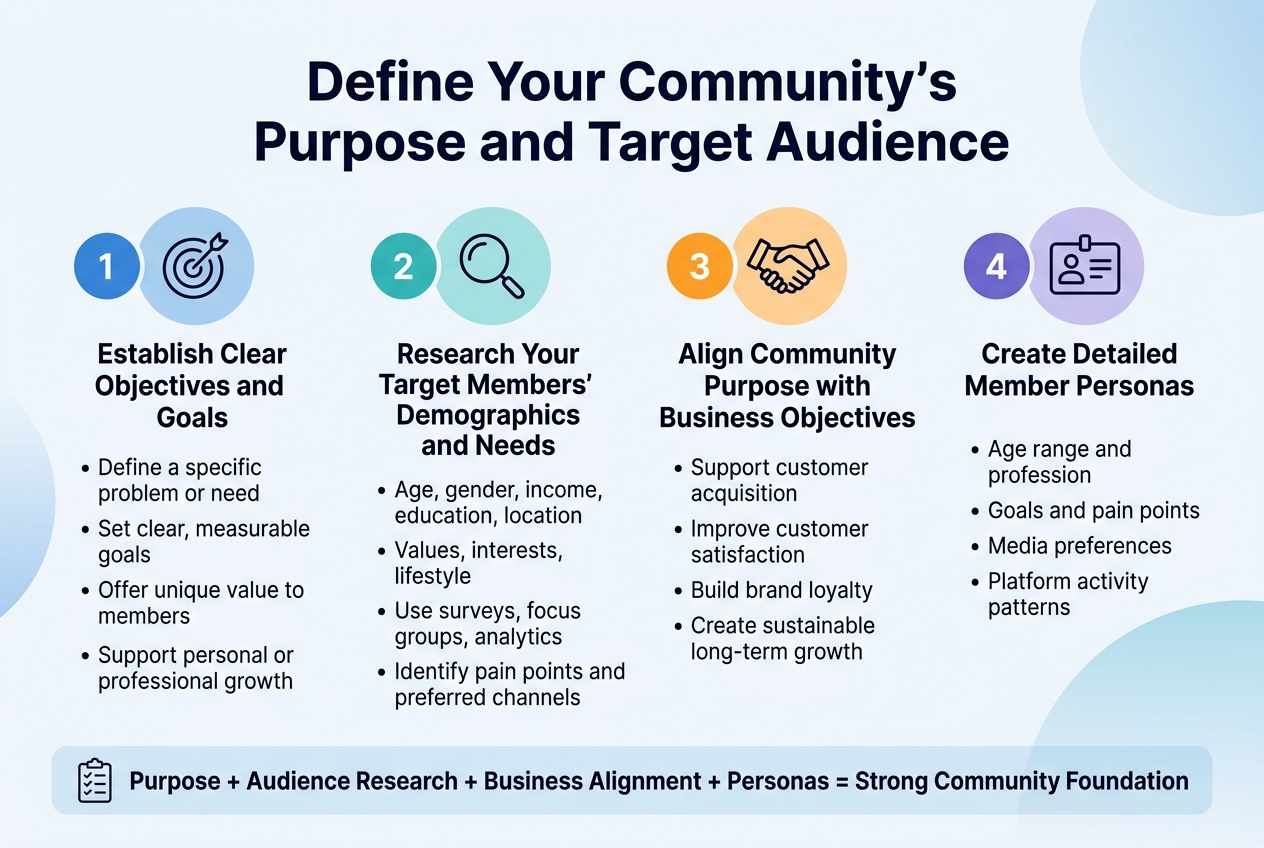 Create a clean professional infographic in a full-bleed 3:2 landscape layout with a modern flat design, white background with soft blue and teal accents, dark navy text, and subtle gradient shapes. Place a bold top heading centered across the width: "Define Your Community's Purpose and Target Audience". Use a wide horizontal layout with four evenly spaced content blocks across the page, each with a numbered circle icon and a simple visual symbol.

Block 1 on the left: a blue circle with the number "1" and a target/bullseye icon. Heading: "Establish Clear Objectives and Goals". Under it, short bullet points:
• "Define a specific problem or need"
• "Set clear, measurable goals"
• "Offer unique value to members"
• "Support personal or professional growth"

Block 2 left-center: a teal circle with the number "2" and a magnifying glass icon. Heading: "Research Your Target Members' Demographics and Needs". Under it, short bullet points:
• "Age, gender, income, education, location"
• "Values, interests, lifestyle"
• "Use surveys, focus groups, analytics"
• "Identify pain points and preferred channels"

Block 3 right-center: an orange circle with the number "3" and a handshake/business icon. Heading: "Align Community Purpose with Business Objectives". Under it, short bullet points:
• "Support customer acquisition"
• "Improve customer satisfaction"
• "Build brand loyalty"
• "Create sustainable long-term growth"

Block 4 on the right: a purple circle with the number "4" and a profile/persona card icon. Heading: "Create Detailed Member Personas". Under it, short bullet points:
• "Age range and profession"
• "Goals and pain points"
• "Media preferences"
• "Platform activity patterns"

Add a bottom horizontal summary bar spanning the width with a small checklist icon and the text: "Purpose + Audience Research + Business Alignment + Personas = Strong Community Foundation". Use clear sans-serif typography, strong hierarchy, evenly aligned spacing, crisp icons, and balanced infographic formatting.