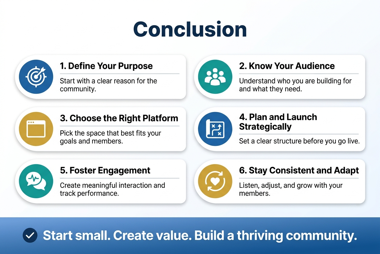 Create a full-bleed clean professional infographic in 3:2 aspect ratio, wide horizontal layout, modern flat vector style, white background with deep blue, teal, and gold accents, crisp sans-serif typography, strong visual hierarchy.

Top center: large bold heading text: "Conclusion"

Below the heading, arrange 6 wide numbered horizontal cards in two rows of three, each card with a colored circular icon on the left, a bold subheading, and a short supporting line of text.

Card 1 icon: target symbol in blue circle. Text: "1. Define Your Purpose" and below it: "Start with a clear reason for the community."

Card 2 icon: group of people in teal circle. Text: "2. Know Your Audience" and below it: "Understand who you are building for and what they need."

Card 3 icon: platform/window icon in gold circle. Text: "3. Choose the Right Platform" and below it: "Pick the space that best fits your goals and members."

Card 4 icon: roadmap or checklist icon in blue circle. Text: "4. Plan and Launch Strategically" and below it: "Set a clear structure before you go live."

Card 5 icon: chat bubbles with pulse line in teal circle. Text: "5. Foster Engagement" and below it: "Create meaningful interaction and track performance."

Card 6 icon: circular arrows with heart icon in gold circle. Text: "6. Stay Consistent and Adapt" and below it: "Listen, adjust, and grow with your members."

Bottom full-width banner with subtle blue gradient and a checkmark icon on the left. Large bold text: "Start small. Create value. Build a thriving community."

Use clean spacing, aligned cards, rounded corners, thin dividers, subtle shadows, and balanced wide composition with no narrow centered stack.
