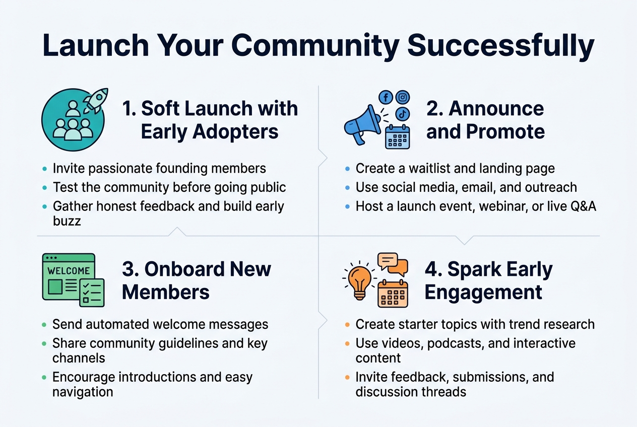 Create a full-bleed professional infographic in a 3:2 aspect ratio with a clean modern flat design, white background, navy and teal accent colors, and subtle orange highlights. Place a bold top heading across the upper band: "Launch Your Community Successfully". Use a wide horizontal layout with four evenly spaced numbered sections arranged in a 2x2 grid across the center, each section with a colored icon, a short subheading, and 2–3 concise bullet lines. Use sans-serif typography with strong hierarchy: large title, medium section headings, smaller body text.

Section 1 at upper left: a teal circle icon with a group of people and a small rocket, heading "1. Soft Launch with Early Adopters". Include bullets: "Invite passionate founding members", "Test the community before going public", "Gather honest feedback and build early buzz".

Section 2 at upper right: a blue icon of a megaphone with a calendar and social media symbols, heading "2. Announce and Promote". Include bullets: "Create a waitlist and landing page", "Use social media, email, and outreach", "Host a launch event, webinar, or live Q&A".

Section 3 at lower left: a green icon of a welcome screen and checklist, heading "3. Onboard New Members". Include bullets: "Send automated welcome messages", "Share community guidelines and key channels", "Encourage introductions and easy navigation".

Section 4 at lower right: an orange icon of a lightbulb, chat bubbles, and a content calendar, heading "4. Spark Early Engagement". Include bullets: "Create starter topics with trend research", "Use videos, podcasts, and interactive content", "Invite feedback, submissions, and discussion threads".

Add small connecting lines or arrows between the four sections to suggest progression from launch preparation to engagement. Keep plenty of open space, balanced alignment, crisp icon outlines, and a polished startup/community-building aesthetic. Do not add any extra text.