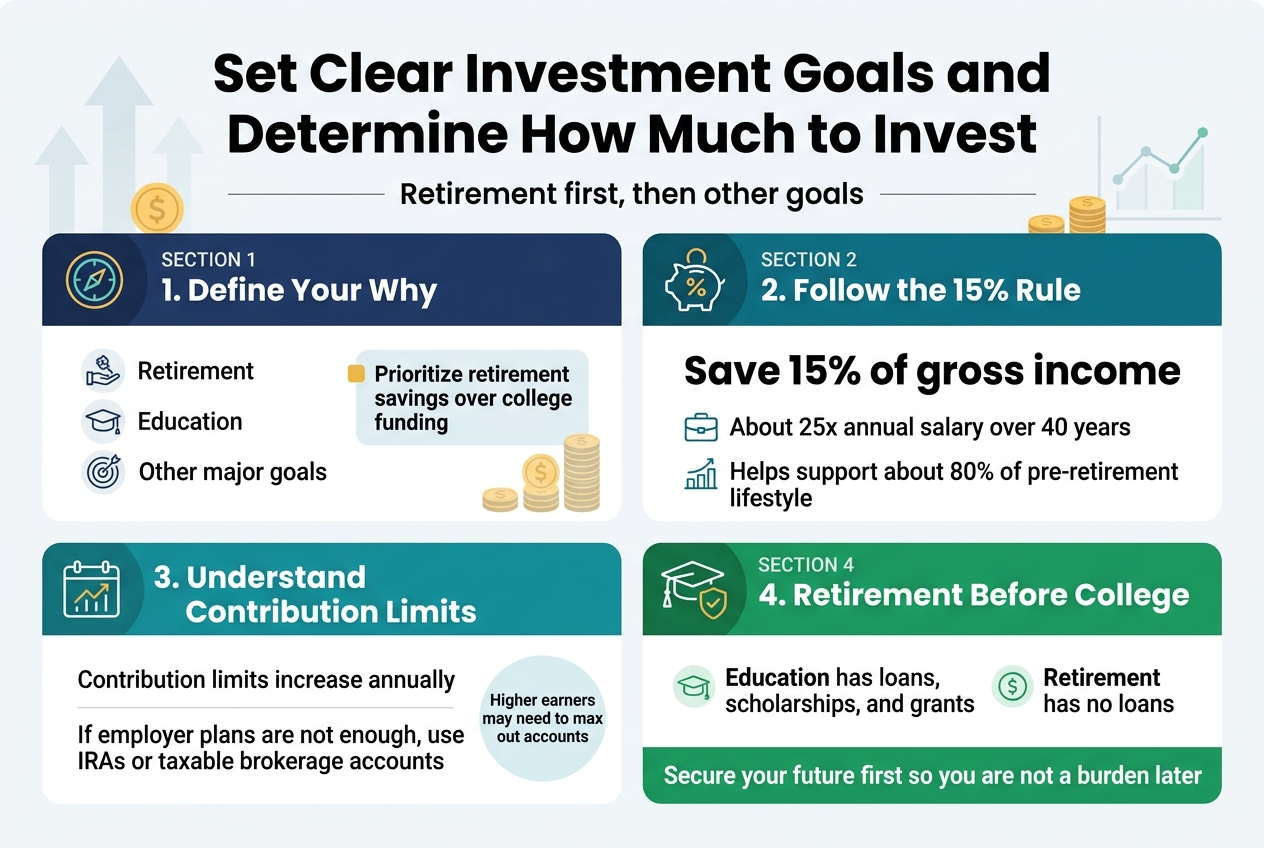 Create a clean, professional full-bleed infographic illustration in a 3:2 aspect ratio, with a modern financial-planning style, white background, navy blue, teal, green, and gold accent colors, bold sans-serif typography, and clear visual hierarchy.

At the top, place a large bold headline centered across the width:
"Set Clear Investment Goals and Determine How Much to Invest"

Directly beneath the title, add a thin horizontal divider line and a small subtitle in medium-weight text:
"Retirement first, then other goals"

Use a wide 4-section horizontal layout across the page, with each section in a colored block or card, each with a simple icon and short text. Avoid a narrow vertical stack.

SECTION 1 on the upper left:
Title with a target or compass icon:
"1. Define Your Why"
Include three short bullet points with small icons:
"Retirement"
"Education"
"Other major goals"
Add a highlighted note in a small accent box:
"Prioritize retirement savings over college funding"

SECTION 2 on the upper right:
Title with a piggy bank or percentage icon:
"2. Follow the 15% Rule"
Include a bold large statistic in the center of this section:
"Save 15% of gross income"
Below it, add two supporting lines with icons:
"About 25x annual salary over 40 years"
"Helps support about 80% of pre-retirement lifestyle"

SECTION 3 on the lower left:
Title with a calendar or growth chart icon:
"3. Understand Contribution Limits"
Include short text in two lines:
"Contribution limits increase annually"
"If employer plans are not enough, use IRAs or taxable brokerage accounts"
Add a small callout badge:
"Higher earners may need to max out accounts"

SECTION 4 on the lower right:
Title with a graduation cap and shield icon:
"4. Retirement Before College"
Add two side-by-side comparison bullets with simple icons:
"Education has loans, scholarships, and grants"
"Retirement has no loans"
Finish with a bold closing line in a green banner:
"Secure your future first so you are not a burden later"

Add subtle financial visuals in the background, such as faint upward arrows, coins, and a simple line chart, keeping them light and unobtrusive. Use consistent spacing, rounded corners, crisp iconography, and strong readability. Full-bleed composition, wide horizontal sections, no centered poster frame, no inset margins.