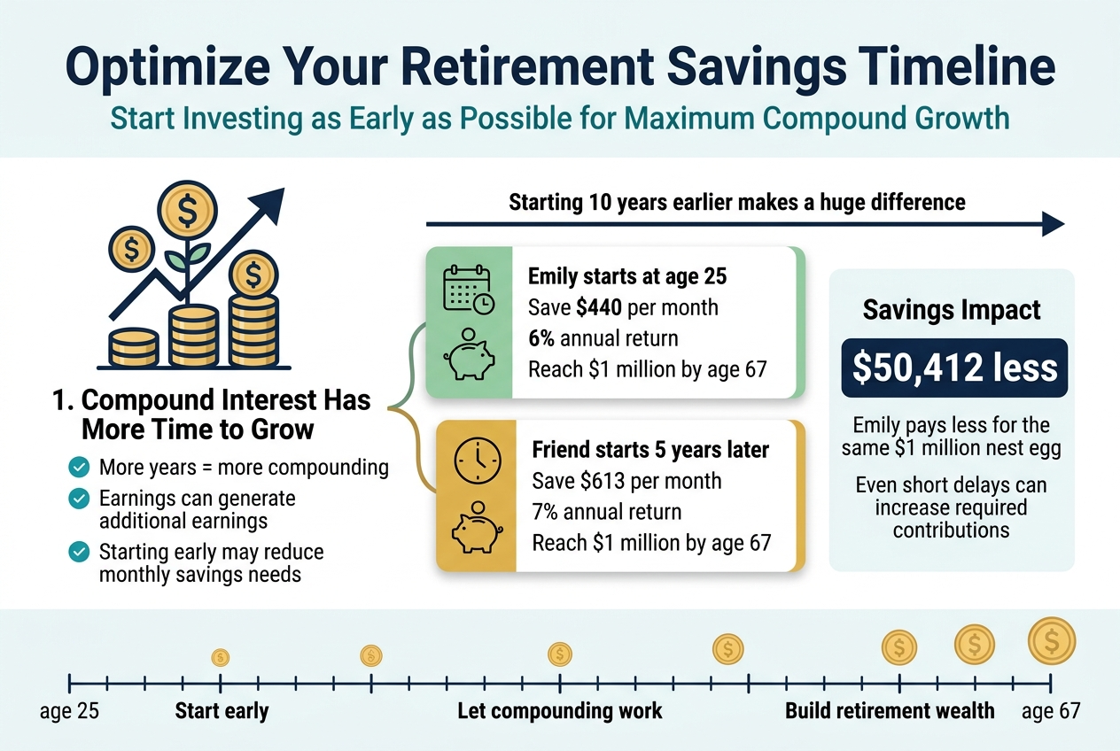 Create a clean professional financial infographic in a 3:2 landscape aspect ratio, full-bleed edge-to-edge layout with no poster frame, using a modern white background with navy, teal, gold, and soft green accents, crisp sans-serif typography, bold hierarchy, subtle shadows, and flat vector style.

Top banner across the full width:
Large bold title in navy: "Optimize Your Retirement Savings Timeline"
Smaller subtitle beneath in teal: "Start Investing as Early as Possible for Maximum Compound Growth"

Main layout: wide horizontal infographic with three sections across the page.

Left section:
A large upward-growing tree or stack-of-coins icon with circular dollar symbols and a rising arrow.
Heading in bold: "1. Compound Interest Has More Time to Grow"
Three short bullet lines with small teal check icons:
"More years = more compounding"
"Earnings can generate additional earnings"
"Starting early may reduce monthly savings needs"

Center section:
A split comparison timeline with two horizontal paths running left to right, using two color-coded cards.

Top card in green accents with a calendar icon and a piggy bank icon:
"Emily starts at age 25"
"Save $440 per month"
"6% annual return"
"Reach $1 million by age 67"

Bottom card in gold accents with a clock icon and a piggy bank icon:
"Friend starts 5 years later"
"Save $613 per month"
"7% annual return"
"Reach $1 million by age 67"

Add a long horizontal arrow above both cards labeled:
"Starting 10 years earlier makes a huge difference"

Right section:
A bold highlighted savings impact box with a large number in dark navy:
"$50,412 less"
Smaller supporting text below:
"Emily pays less for the same $1 million nest egg"
"Even short delays can increase required contributions"

Bottom strip spanning the width:
A simple timeline graphic from age 25 to age 67 with tick marks and small coin icons growing larger over time.
Add three concise labels:
"Start early"
"Let compounding work"
"Build retirement wealth"

Use clean alignment, ample spacing, strong visual hierarchy, and clear infographic callouts. Include only the text shown exactly here.