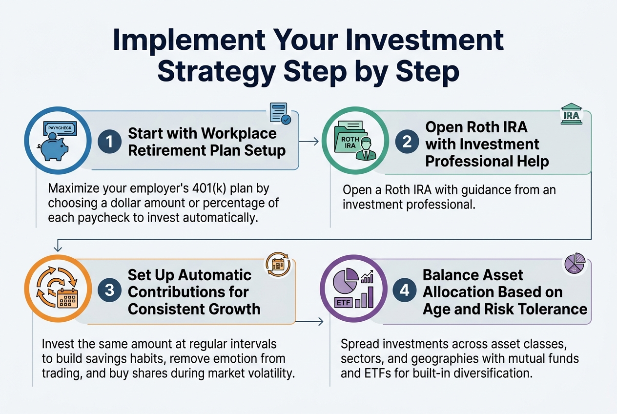 Create a full-bleed landscape infographic in 3:2 aspect ratio with a clean professional financial style, white background, navy blue and teal accents, subtle light gray dividers, modern sans-serif fonts, and strong visual hierarchy. Place a bold title across the top center in large dark navy text: "Implement Your Investment Strategy Step by Step".

Below the title, arrange four wide horizontal step blocks across the page in a 2x2 grid with generous spacing, not a vertical stack.

Step 1 block at upper left: a blue circular icon with a piggy bank and paycheck symbol. Large numbered badge "1" followed by the heading in bold: "Start with Workplace Retirement Plan Setup". Smaller body text underneath: "Maximize your employer's 401(k) plan by choosing a dollar amount or percentage of each paycheck to invest automatically."

Step 2 block at upper right: a green circular icon with a Roth IRA folder and professional advisor silhouette. Large numbered badge "2" followed by the heading in bold: "Open Roth IRA with Investment Professional Help". Smaller body text underneath: "Open a Roth IRA with guidance from an investment professional."

Step 3 block at lower left: an orange circular icon with rotating arrows and a calendar. Large numbered badge "3" followed by the heading in bold: "Set Up Automatic Contributions for Consistent Growth". Smaller body text underneath: "Invest the same amount at regular intervals to build savings habits, remove emotion from trading, and buy shares during market volatility."

Step 4 block at lower right: a purple circular icon with a pie chart, asset allocation bars, and ETF mutual fund symbols. Large numbered badge "4" followed by the heading in bold: "Balance Asset Allocation Based on Age and Risk Tolerance". Smaller body text underneath: "Spread investments across asset classes, sectors, and geographies with mutual funds and ETFs for built-in diversification."

Add thin connecting lines or arrows between the four blocks to show progression. Include small accent icons near each heading: retirement plan, IRA, recurring contribution, diversified portfolio. Use clear left-aligned text inside each block, strong spacing, and a polished infographic layout with no extra text.