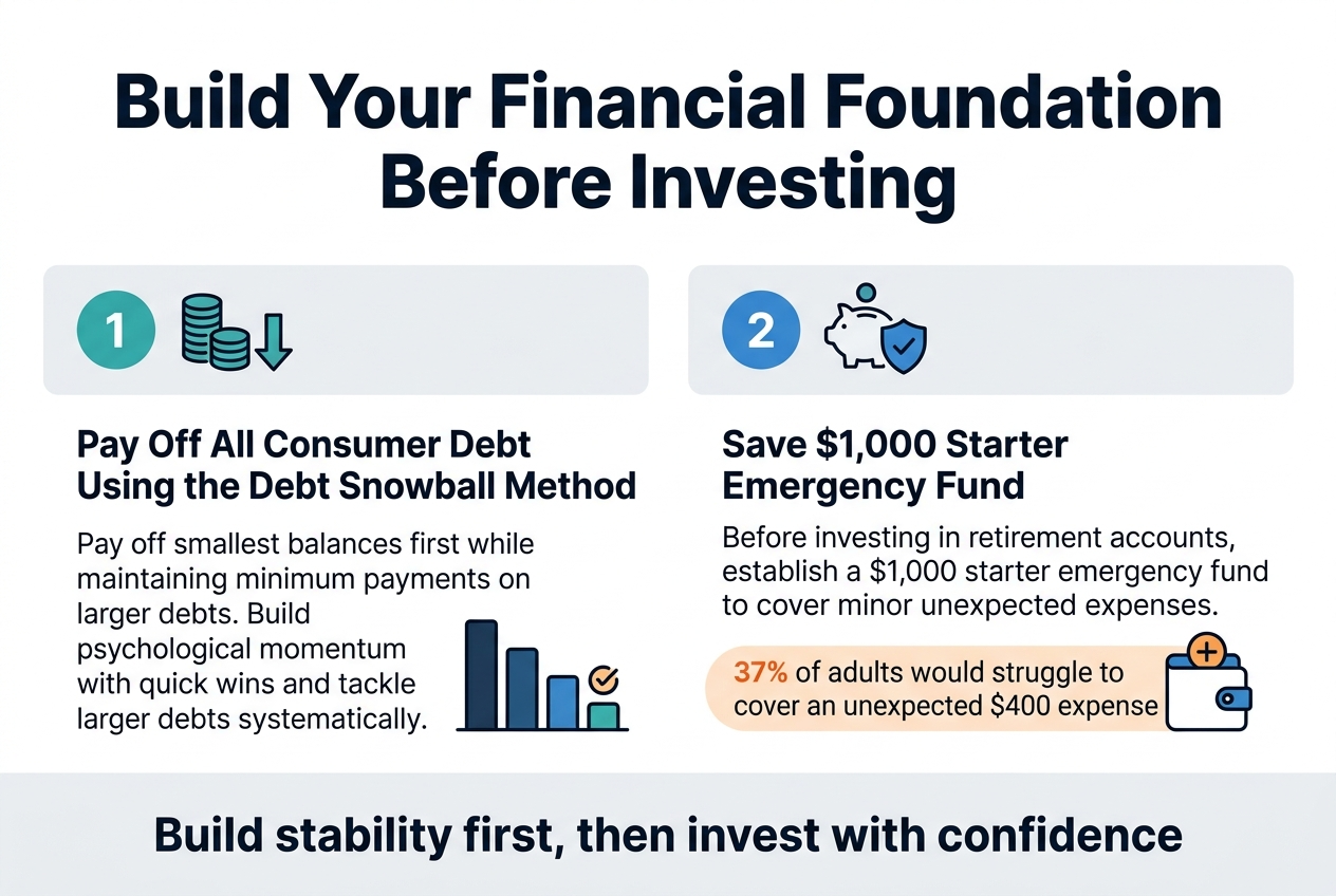 Create a clean, professional full-bleed infographic in a 3:2 aspect ratio with a modern flat vector style, white background, navy blue and teal accents, subtle light gray dividers, and bold sans-serif typography.

Top center: large bold heading in dark navy text: "Build Your Financial Foundation Before Investing"

Below the heading, use two wide horizontal content blocks side by side across the page, each with a numbered badge and a clear icon.

Left block:
- A teal circular badge with "1"
- A stacked coins and downward arrow icon
- Subheading in bold: "Pay Off All Consumer Debt Using the Debt Snowball Method"
- Body text in smaller dark gray font:
"Pay off smallest balances first while maintaining minimum payments on larger debts."
"Build psychological momentum with quick wins and tackle larger debts systematically."
- Add a simple visual of ascending debt bars shrinking from left to right, with a small checkmark on the smallest bar.

Right block:
- A blue circular badge with "2"
- A piggy bank and shield icon
- Subheading in bold: "Save $1,000 Starter Emergency Fund"
- Body text in smaller dark gray font:
"Before investing in retirement accounts, establish a $1,000 starter emergency fund to cover minor unexpected expenses."
- Add a highlighted stat callout in an orange rounded box:
"37% of adults would struggle to cover an unexpected $400 expense"
- Add a small wallet or emergency fund jar illustration with a plus sign.

Bottom strip across the width:
- A bold closing line in navy:
"Build stability first, then invest with confidence"

Use clear spacing, balanced alignment, strong visual hierarchy, and wide horizontal sections. No frames, no poster border, no clutter.
