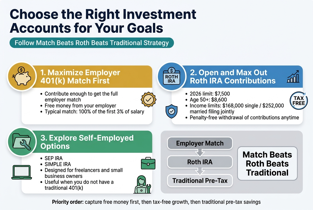Create a full-bleed landscape infographic in aspect ratio 3:2 with a clean modern financial style, white background with navy, teal, gold, and soft gray accents, bold sans-serif typography, clear hierarchy, and wide horizontal sections. Add a large bold title at the top left: "Choose the Right Investment Accounts for Your Goals". Under the title, add a smaller subtitle in a teal banner: "Follow Match Beats Roth Beats Traditional Strategy".

Design the infographic as a left-to-right, top-to-bottom flow with four main numbered sections in large colored panels, each with a distinct icon.

Section 1 across the upper left: a gold panel with a piggy bank and dollar sign icon, titled "1. Maximize Employer 401(k) Match First". Include short bullet text: "Contribute enough to get the full employer match", "Free money from your employer", "Typical match: 100% of the first 3% of salary". Add a small checkmark badge beside the panel.

Section 2 across the upper right: a blue panel with a Roth IRA account icon and a growing chart icon, titled "2. Open and Max Out Roth IRA Contributions". Include bullet text: "2026 limit: $7,500", "Age 50+: $8,600", "Income limits: $168,000 single / $252,000 married filing jointly", "Penalty-free withdrawal of contributions anytime". Add a small shield icon and a tax-free growth symbol.

Section 3 across the lower left: a green panel with a folder and wrench icon, titled "3. Explore Self-Employed Options". Include bullet text: "SEP IRA", "SIMPLE IRA", "Designed for freelancers and small business owners", "Useful when you do not have a traditional 401(k)". Add icons of a laptop, briefcase, and freelance worker.

Section 4 across the lower right: a neutral gray panel with a simple decision ladder graphic and three stacked labels: "Employer Match", "Roth IRA", "Traditional Pre-Tax". Add a bold caption inside the panel: "Match Beats Roth Beats Traditional". Include arrows pointing downward through the three labels.

Use strong visual hierarchy, ample whitespace, crisp dividers, rounded rectangles, subtle shadows, and consistent icon style. Include small footer text centered at the bottom in dark gray: "Priority order: capture free money first, then tax-free growth, then traditional pre-tax savings". Ensure all text is clearly readable and placed neatly within the wide horizontal layout.