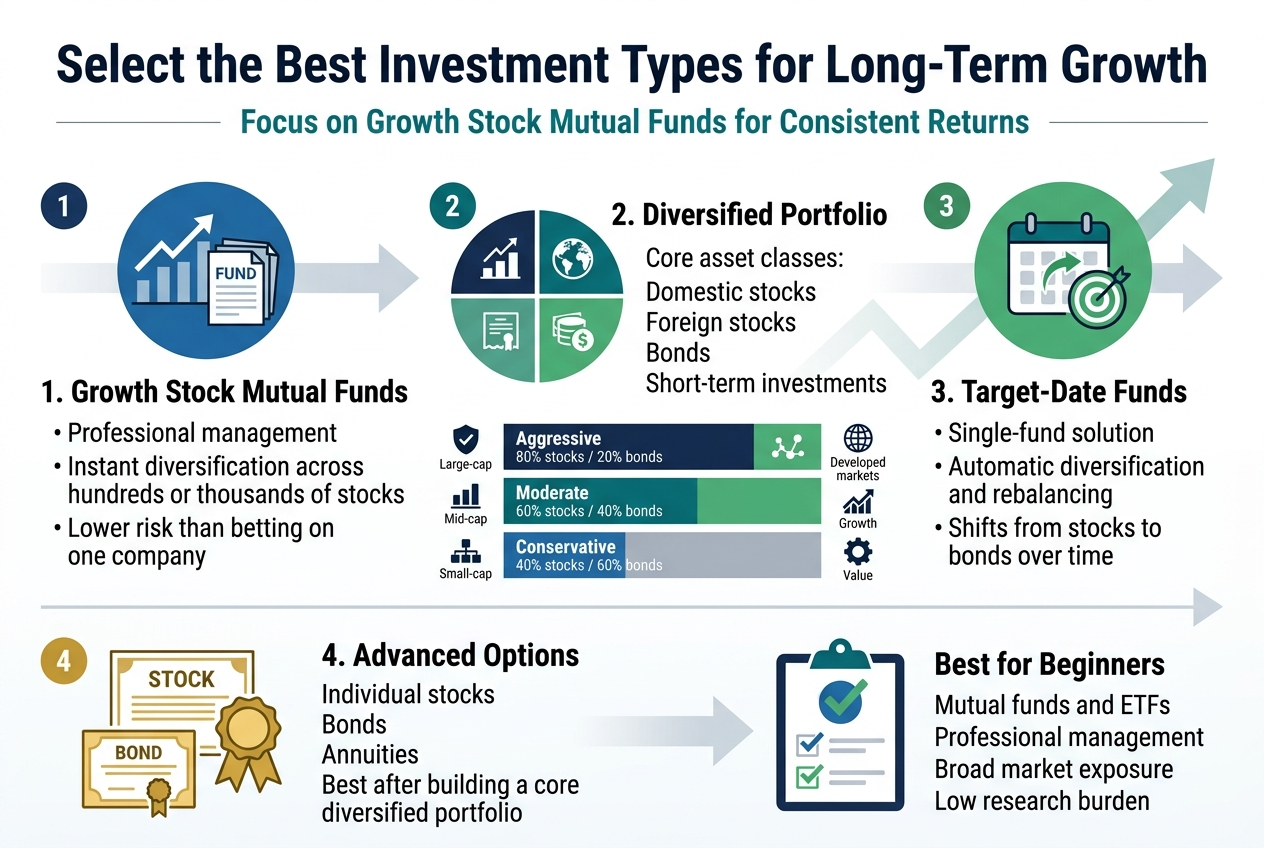 Full-bleed professional infographic, aspect ratio 3:2, clean modern finance style, white background with deep navy, teal, green, gold, and light gray accents, crisp sans-serif fonts, strong visual hierarchy, no border frame, wide horizontal layout with multi-column sections.

Top center: large bold title in dark navy text, "Select the Best Investment Types for Long-Term Growth"

Directly under the title, a thin horizontal divider line and a short subtitle in teal: "Focus on Growth Stock Mutual Funds for Consistent Returns"

Main body arranged in four wide horizontal content blocks across the page, each with a clear icon, bold section heading, and short bullet-style text.

Left top block: a blue circular icon showing a rising stock chart and fund papers. Heading: "1. Growth Stock Mutual Funds". Under it, three short lines of text:
"• Professional management"
"• Instant diversification across hundreds or thousands of stocks"
"• Lower risk than betting on one company"

Center top block: a four-quadrant portfolio graphic with small icons for domestic stocks, foreign stocks, bonds, and short-term investments. Heading: "2. Diversified Portfolio". Under it, text blocks and a stacked allocation graphic:
"Core asset classes:"
"Domestic stocks"
"Foreign stocks"
"Bonds"
"Short-term investments"
Below, three color-coded allocation bars labeled:
"Aggressive 80% stocks / 20% bonds"
"Moderate 60% stocks / 40% bonds"
"Conservative 40% stocks / 60% bonds"
Include small icons for large-cap, mid-cap, small-cap, technology, healthcare, developed markets, emerging markets, growth, and value around the block as mini symbols.

Right top block: a green circular icon showing a calendar with an automatic rebalance arrow and a target marker. Heading: "3. Target-Date Funds". Under it, three short lines:
"• Single-fund solution"
"• Automatic diversification and rebalancing"
"• Shifts from stocks to bonds over time"

Bottom wide block spanning the page: split into two sections. Left side: a gold icon of individual stock certificates, a bond certificate, and an annuity ribbon. Heading: "4. Advanced Options". Under it, text:
"Individual stocks"
"Bonds"
"Annuities"
"Best after building a core diversified portfolio"
Right side: a small checklist panel with a blue and green checkmark icon. Heading: "Best for Beginners". Under it, text:
"Mutual funds and ETFs"
"Professional management"
"Broad market exposure"
"Low research burden"

Use neat numbered section badges 1, 2, 3, 4 in colored circles. Add subtle arrows showing progression from left to right and a retirement growth path rising upward. Include small icons: shield for risk reduction, globe for international diversification, building blocks for asset classes, gear for automatic management. Keep all text sharp, readable, and exactly as written. Clean infographic composition, balanced spacing, strong contrast, no extra text.