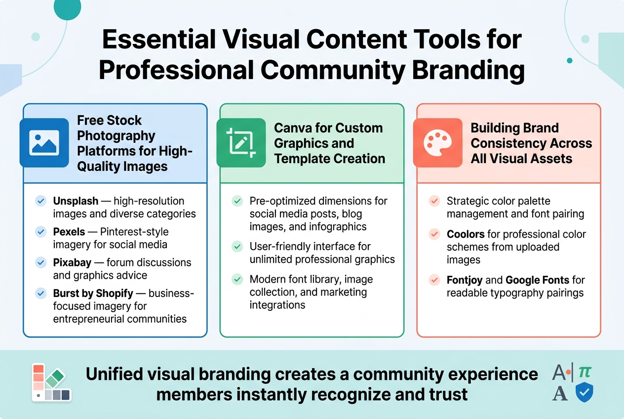 Create a full-bleed wide infographic illustration in 3:2 aspect ratio with a clean modern professional style, soft white background, teal, blue, green, and coral accent colors, strong hierarchy, crisp sans-serif typography, and subtle geometric shapes. Place a bold large title across the top center: "Essential Visual Content Tools for Professional Community Branding". Use a wide horizontal layout with three evenly spaced content sections in a row, each in its own colored card with a clear icon at the left of the heading.

Section 1 on the left: a blue photo icon and the heading "Free Stock Photography Platforms for High-Quality Images". Under it, include four short bullet points with small check icons:
"Unsplash — high-resolution images and diverse categories"
"Pexels — Pinterest-style imagery for social media"
"Pixabay — forum discussions and graphics advice"
"Burst by Shopify — business-focused imagery for entrepreneurial communities"

Section 2 in the center: a green design icon and the heading "Canva for Custom Graphics and Template Creation". Under it, include three short bullet points with small check icons:
"Pre-optimized dimensions for social media posts, blog images, and infographics"
"User-friendly interface for unlimited professional graphics"
"Modern font library, image collection, and marketing integrations"

Section 3 on the right: a coral brand palette icon and the heading "Building Brand Consistency Across All Visual Assets". Under it, include three short bullet points with small check icons:
"Strategic color palette management and font pairing"
"Coolors for professional color schemes from uploaded images"
"Fontjoy and Google Fonts for readable typography pairings"

Add a bottom horizontal summary band spanning the full width with a bold statement in dark text:
"Unified visual branding creates a community experience members instantly recognize and trust"
Include small supporting icons in the bottom band: color swatches, letterforms, and a shield/check symbol. Keep spacing balanced, use clean alignment, and ensure all text is clearly readable. No vertical poster frame, no centered narrow stack.