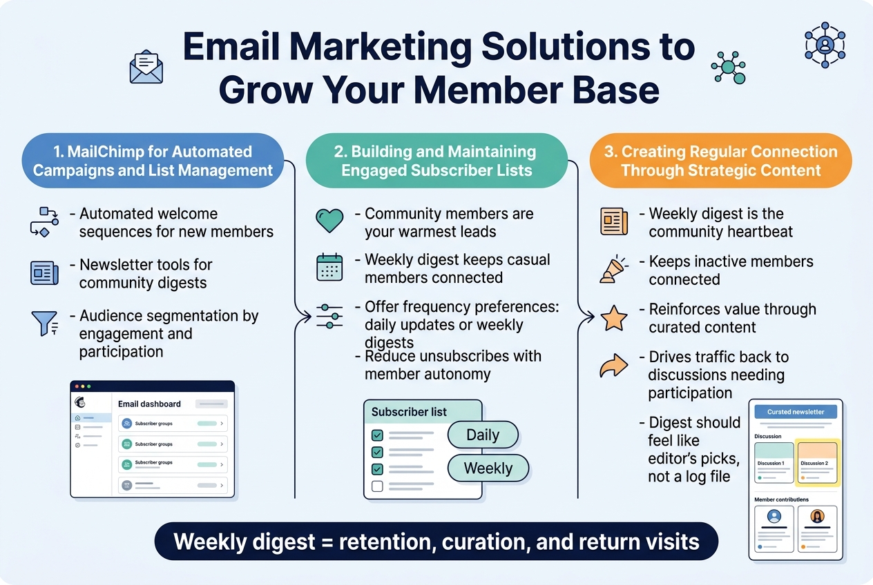 Create a clean, professional full-bleed infographic illustration in a 3:2 aspect ratio with a modern flat vector style, white background with soft blue and teal accents, dark navy text, and subtle gray dividers. Use a bold headline across the top center: "Email Marketing Solutions to Grow Your Member Base". Place a small email/envelope icon and community network icon near the title.

Arrange the content in three wide horizontal sections or three balanced columns across the page, avoiding a narrow vertical poster layout.

SECTION 1 on the left: 
Title text in a blue rounded header bar: "1. MailChimp for Automated Campaigns and List Management"
Include three small icons beside each line: an automation flow icon, a newsletter icon, and a segmentation/filter icon.
Display concise bullet text:
- "Automated welcome sequences for new members"
- "Newsletter tools for community digests"
- "Audience segmentation by engagement and participation"
Add a small illustration of an email dashboard with organized subscriber groups.

SECTION 2 in the center:
Title text in a green rounded header bar: "2. Building and Maintaining Engaged Subscriber Lists"
Use icons for a heart, a calendar, and frequency settings.
Display concise bullet text:
- "Community members are your warmest leads"
- "Weekly digest keeps casual members connected"
- "Offer frequency preferences: daily updates or weekly digests"
- "Reduce unsubscribes with member autonomy"
Show a simple visual of a subscriber list with checkboxes and two option chips labeled "Daily" and "Weekly".

SECTION 3 on the right:
Title text in an orange rounded header bar: "3. Creating Regular Connection Through Strategic Content"
Use icons for a magazine page, spotlight, and traffic arrow.
Display concise bullet text:
- "Weekly digest is the community heartbeat"
- "Keeps inactive members connected"
- "Reinforces value through curated content"
- "Drives traffic back to discussions needing participation"
- "Digest should feel like editor’s picks, not a log file"
Add a visual of a curated newsletter page with highlighted discussion cards and member contribution cards.

At the bottom spanning the width, include a highlighted takeaway band with a darker navy background and white text: "Weekly digest = retention, curation, and return visits". Add a small arrow path connecting the three sections to show flow from automation to engagement to recurring connection.

Use clear sans-serif typography, strong hierarchy, ample spacing, simple icons, and polished infographic layout with no extra text beyond the specified headings and bullet points.