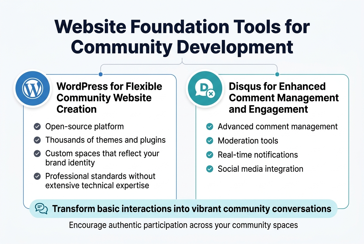 Create a clean, professional infographic illustration in a 3:2 aspect ratio with a full-bleed layout and no frame. Use a modern white background with blue, teal, and dark gray accents, bold sans-serif typography, and a clear visual hierarchy.

Top center: large bold title text in dark navy:
"Website Foundation Tools for Community Development"

Below the title, create two wide side-by-side horizontal sections with rounded rectangular panels.

LEFT SECTION:
Add a blue circular icon with the WordPress logo at the top-left of the panel.
Section heading in bold:
"WordPress for Flexible Community Website Creation"
Under the heading, include three short bullet points with small check icons:
"Open-source platform"
"Thousands of themes and plugins"
"Custom spaces that reflect your brand identity"
"Professional standards without extensive technical expertise"

RIGHT SECTION:
Add a teal circular icon with a speech bubble and moderation symbol at the top-left of the panel.
Section heading in bold:
"Disqus for Enhanced Comment Management and Engagement"
Under the heading, include four short bullet points with small check icons:
"Advanced comment management"
"Moderation tools"
"Real-time notifications"
"Social media integration"

At the bottom spanning both sections, add a highlighted horizontal banner with a community discussion icon and bold text:
"Transform basic interactions into vibrant community conversations"
Smaller text beneath:
"Encourage authentic participation across your community spaces"

Use subtle connecting lines and icons to show the relationship between website foundation tools and engagement tools. Keep spacing balanced, polished, and easy to read.