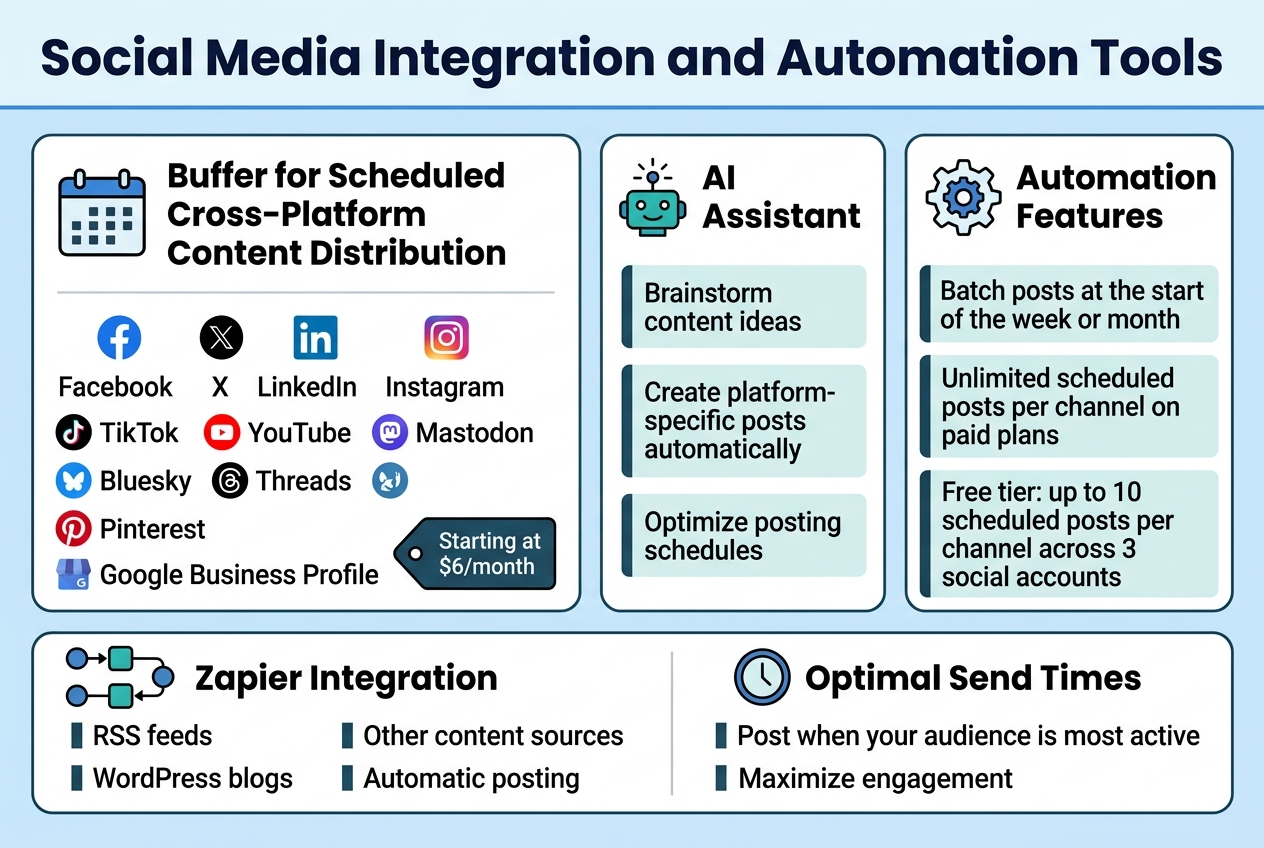 Create a clean, professional infographic illustration in a 3:2 aspect ratio with a full-bleed layout, modern flat vector style, blue, teal, white, and dark gray color palette, bold sans-serif typography, and clear visual hierarchy.

Top banner across the full width with a large bold title in dark navy text: "Social Media Integration and Automation Tools"

Below the title, arrange a wide 3-column horizontal layout with 4 main sections in rounded rectangular panels and simple line icons.

LEFT SECTION: A large panel titled "Buffer for Scheduled Cross-Platform Content Distribution" with a calendar icon and a row of small social media platform icons. Include the text:
"Facebook"
"X"
"LinkedIn"
"Instagram"
"TikTok"
"YouTube"
"Mastodon"
"Bluesky"
"Threads"
"Pinterest"
"Google Business Profile"
Add a small price tag badge reading: "Starting at $6/month"

CENTER SECTION: A panel titled "AI Assistant" with a spark/robot icon and three short bullet blocks:
"Brainstorm content ideas"
"Create platform-specific posts automatically"
"Optimize posting schedules"

RIGHT SECTION: A panel titled "Automation Features" with an automation/gear icon and three short bullet blocks:
"Batch posts at the start of the week or month"
"Unlimited scheduled posts per channel on paid plans"
"Free tier: up to 10 scheduled posts per channel across 3 social accounts"

BOTTOM WIDE SECTION spanning the full width, split into two side-by-side blocks:
Left block titled "Zapier Integration" with connected workflow icons and the text:
"RSS feeds"
"WordPress blogs"
"Other content sources"
"Automatic posting"

Right block titled "Optimal Send Times" with a clock icon and the text:
"Post when your audience is most active"
"Maximize engagement"

Use clear section numbering or label markers, subtle separators, and balanced spacing. Keep all text sharp, readable, and exactly as written. No photo elements, no 3D renderings, no mockup devices, no vertical poster layout.