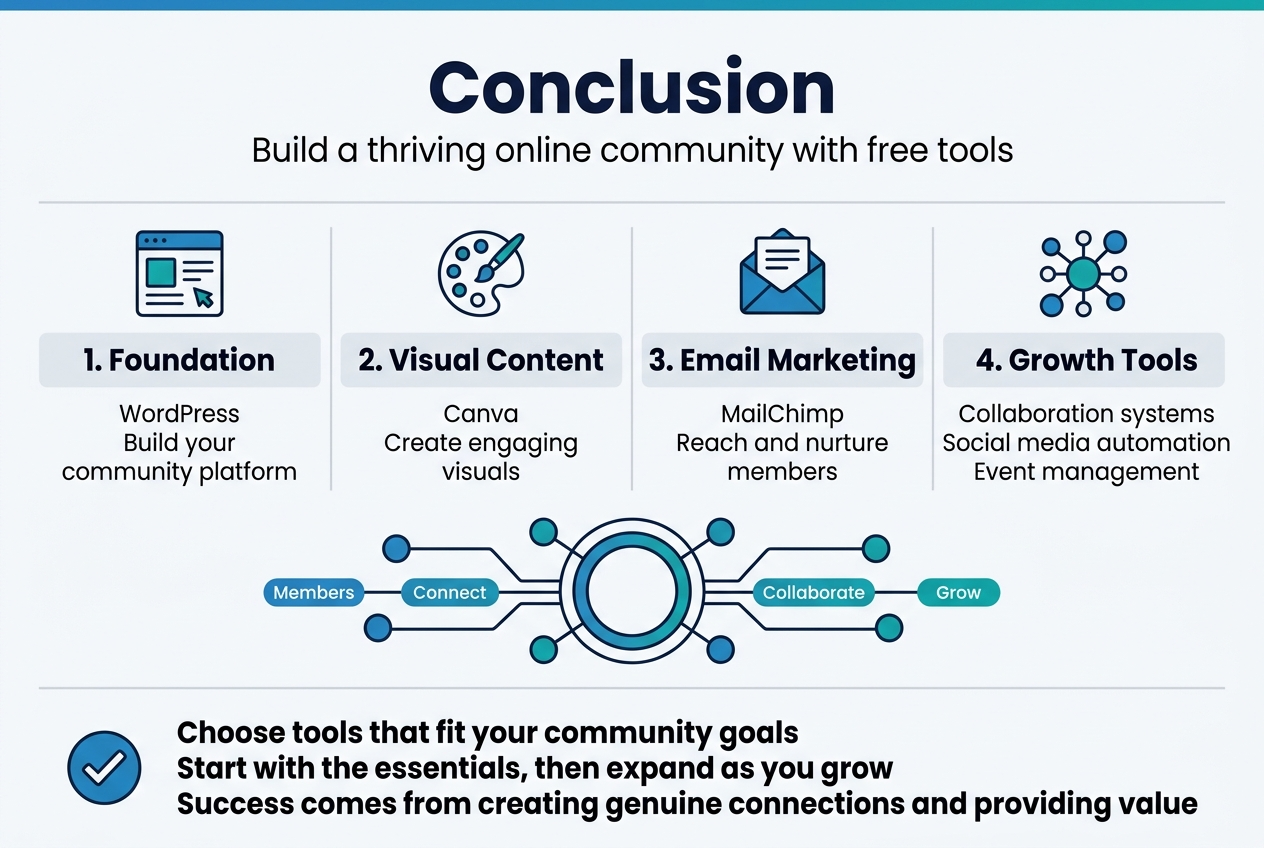 Create a clean professional infographic illustration in a 3:2 aspect ratio, full-bleed layout, with a modern white background, blue and teal accent colors, dark navy text, and subtle light-gray dividers. Use a bold sans-serif font for headings and a clean sans-serif font for body text. Arrange content in a wide horizontal layout with 4 main sections across the canvas, using icons and numbered blocks.

Top header across full width:
Large bold title text: "Conclusion"
Smaller subtitle text beneath: "Build a thriving online community with free tools"

Main center layout in 4 horizontal content blocks:
1) Left block with a website icon and the heading "1. Foundation"
Text: "WordPress"
Text: "Build your community platform"

2) Second block with a design palette icon and the heading "2. Visual Content"
Text: "Canva"
Text: "Create engaging visuals"

3) Third block with an envelope icon and the heading "3. Email Marketing"
Text: "MailChimp"
Text: "Reach and nurture members"

4) Right block with a connected network icon and the heading "4. Growth Tools"
Text: "Collaboration systems"
Text: "Social media automation"
Text: "Event management"

Lower wide section spanning the full width with a central ecosystem graphic:
A large circular hub with connected nodes around it, labeled with small tags:
"Members"
"Connect"
"Collaborate"
"Grow"

Bottom conclusion band with a checkmark icon and bold emphasis text:
"Choose tools that fit your community goals"
"Start with the essentials, then expand as you grow"
"Success comes from creating genuine connections and providing value"

Use clear visual hierarchy, clean spacing, and simple professional icons for each section. Keep the layout balanced, modern, and easy to scan.
