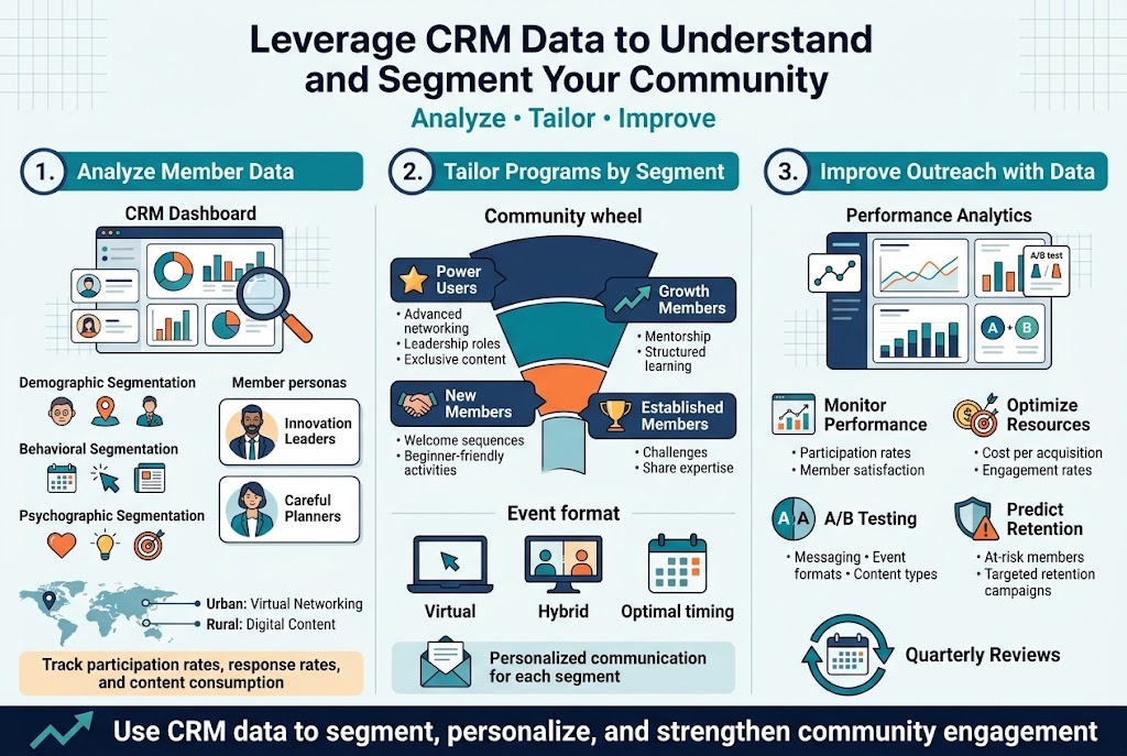 Create a clean professional full-bleed infographic in 3:2 aspect ratio with a modern corporate style, white background, navy blue and teal palette with orange accent highlights, subtle grid patterns, and sans-serif fonts. 

Top header across the full width:
Large bold title in dark navy: "Leverage CRM Data to Understand and Segment Your Community"
Smaller subtitle beneath in teal: "Analyze • Tailor • Improve"

Use a wide 3-column layout with three large horizontal sections across the page, each with a numbered circle icon and clear headings.

Left section, titled in a bold teal header bar: "1. Analyze Member Data"
Include a central CRM dashboard icon with charts, profile cards, and a magnifying glass. Under it place three compact bullet blocks with small icons:
- "Demographic Segmentation" with age, location, and profession icons
- "Behavioral Segmentation" with event, click, and content icons
- "Psychographic Segmentation" with heart, lightbulb, and target icons
Add two labeled member personas in small illustrated cards:
"Innovation Leaders"
"Careful Planners"
Add a small map/time-zone graphic near the bottom with labels:
"Urban: Virtual Networking"
"Rural: Digital Content"
Bottom line in a highlighted strip: "Track participation rates, response rates, and content consumption"

Center section, titled in a bold teal header bar: "2. Tailor Programs by Segment"
Include a segmented community wheel or layered funnel graphic with four labeled blocks and icons:
"Power Users" with star icon and labels "Advanced networking", "Leadership roles", "Exclusive content"
"Growth Members" with upward arrow icon and labels "Mentorship", "Structured learning"
"New Members" with welcome handshake icon and labels "Welcome sequences", "Beginner-friendly activities"
"Established Members" with trophy icon and labels "Challenges", "Share expertise"
Below, show event format icons in a row: laptop for "Virtual", split-screen for "Hybrid", calendar for "Optimal timing"
Add a slim communication strip with envelope icon and text: "Personalized communication for each segment"

Right section, titled in a bold teal header bar: "3. Improve Outreach with Data"
Include a performance analytics panel with line graphs, bar charts, and A/B test cards.
Show four labeled insight blocks with icons:
"Monitor Performance" with chart icon and text "Participation rates" and "Member satisfaction"
"Optimize Resources" with coin and target icon and text "Cost per acquisition" and "Engagement rates"
"A/B Testing" with split test icon and text "Messaging • Event formats • Content types"
"Predict Retention" with shield and warning icon and text "At-risk members" and "Targeted retention campaigns"
At the bottom of this section place a circular arrow icon around a calendar labeled: "Quarterly Reviews"

Add a thin footer band across the full width with a simple upward trend arrow and the closing text in bold: "Use CRM data to segment, personalize, and strengthen community engagement"

Use crisp vector-style illustrations, clear spacing, strong hierarchy, and readable text. Keep all text exactly as written above.