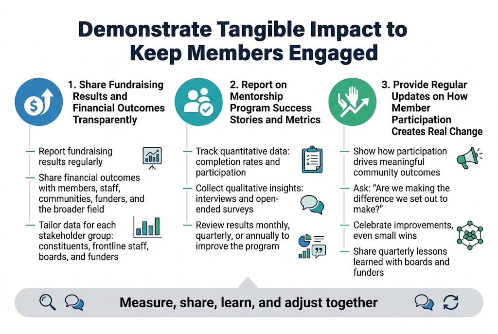 Create a clean, professional full-bleed infographic in a 3:2 aspect ratio with a modern sans-serif font, white background, dark navy headline, teal and blue accent colors, and subtle gray dividers. Place a bold title across the top: "Demonstrate Tangible Impact to Keep Members Engaged". Use a wide horizontal layout with three main content blocks arranged left to right, each with a colored circular icon and a numbered heading.

LEFT SECTION:
Add a blue circular icon with a dollar sign and upward arrow. Heading: "1. Share Fundraising Results and Financial Outcomes Transparently". Under it, use three short bullet lines:
- "Report fundraising results regularly"
- "Share financial outcomes with members, staff, communities, funders, and the broader field"
- "Tailor data for each stakeholder group: constituents, frontline staff, boards, and funders"
Include a small chart icon and a simple bar chart graphic beside the bullets.

CENTER SECTION:
Add a teal circular icon with two people and a checkmark. Heading: "2. Report on Mentorship Program Success Stories and Metrics". Under it, use three short bullet lines:
- "Track quantitative data: completion rates and participation"
- "Collect qualitative insights: interviews and open-ended surveys"
- "Review results monthly, quarterly, or annually to improve the program"
Include a clipboard icon and a speech bubble icon, with a small mixed chart-and-quote visual.

RIGHT SECTION:
Add a green circular icon with a community hands icon and an upward trend line. Heading: "3. Provide Regular Updates on How Member Participation Creates Real Change". Under it, use four short bullet lines:
- "Show how participation drives meaningful community outcomes"
- "Ask: 'Are we making the difference we set out to make?'"
- "Celebrate improvements, even small wins"
- "Share quarterly lessons learned with boards and funders"
Include a megaphone icon and a connected network/community graphic.

BOTTOM STRIP:
Across the bottom, add a wide light-gray callout band with the centered bold text: "Measure, share, learn, and adjust together". Add three small icons inside the band from left to right: a magnifying glass, a speech bubble, and a refresh arrow. Keep spacing balanced, alignment crisp, and typography highly legible.