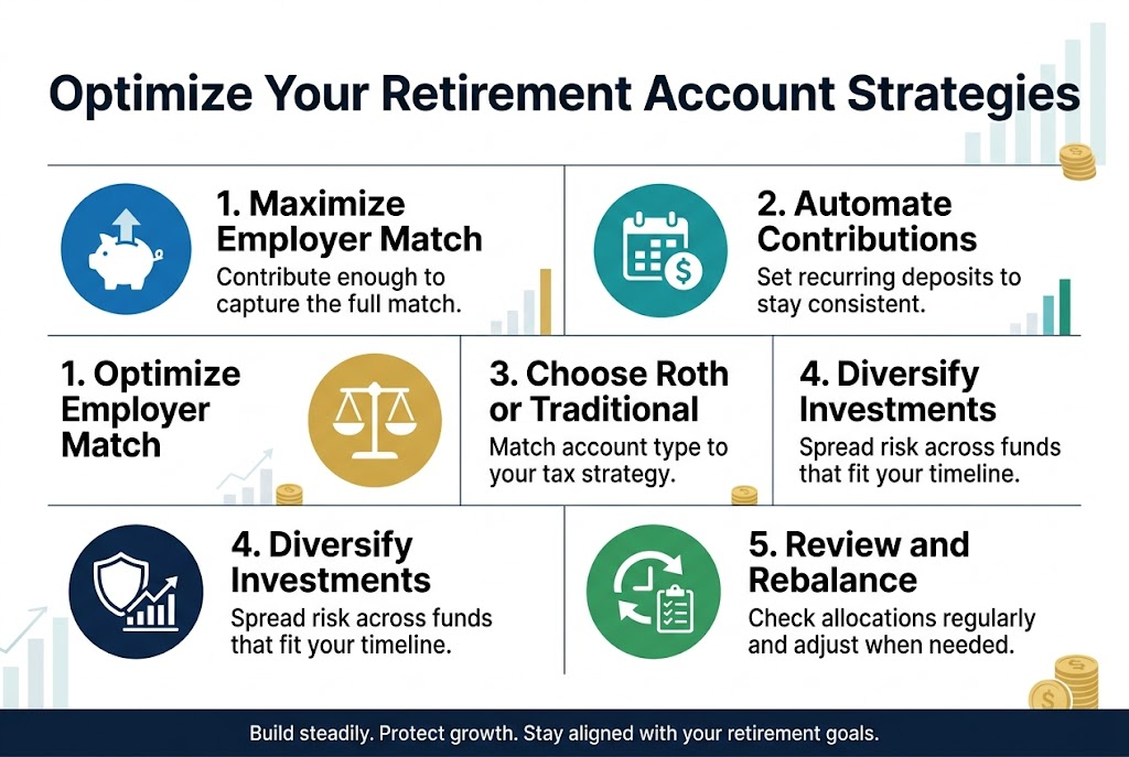 Full-bleed landscape infographic, aspect ratio 3:2, clean professional financial design, white background with deep navy, teal, and gold accents, modern sans-serif fonts, strong visual hierarchy. Large bold title across the top: "Optimize Your Retirement Account Strategies". Below the title, arrange five wide horizontal sections in a 2-row grid with clear numbered blocks and simple icons.

Section 1 on the left: a blue circular icon with a piggy bank and upward arrow, heading text: "1. Maximize Employer Match", smaller text below: "Contribute enough to capture the full match."

Section 2 beside it: a teal circular icon with a calendar and dollar sign, heading text: "2. Automate Contributions", smaller text below: "Set recurring deposits to stay consistent."

Section 3 in the center: a gold circular icon with two balance scales, heading text: "3. Choose Roth or Traditional", smaller text below: "Match account type to your tax strategy."

Section 4 beside it: a navy circular icon with a shield and investment chart, heading text: "4. Diversify Investments", smaller text below: "Spread risk across funds that fit your timeline."

Section 5 across the lower right: a green circular icon with a refresh arrow and checklist, heading text: "5. Review and Rebalance", smaller text below: "Check allocations regularly and adjust when needed."

Add a slim bottom banner with small text centered: "Build steadily. Protect growth. Stay aligned with your retirement goals." Use clean spacing, crisp lines, subtle chart and coin accents in the background, no frame, no poster border, wide open layout, readable text, polished corporate infographic style.