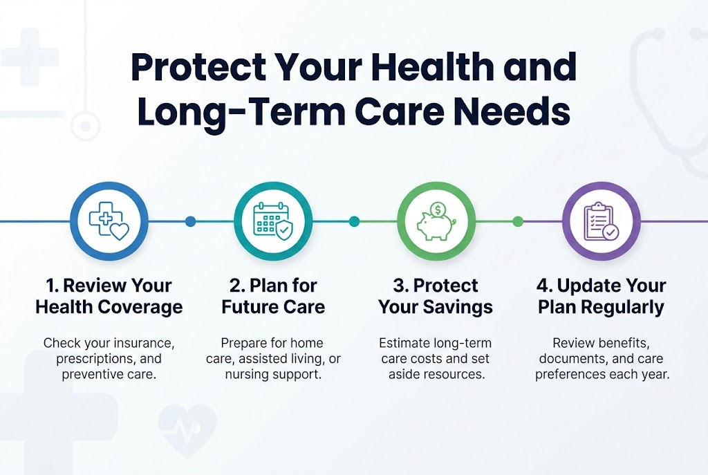 Create a clean professional horizontal infographic in 3:2 aspect ratio, full-bleed layout, no borders, no inset frame, wide multi-section composition.

Top center: large bold title in dark navy sans-serif, exact text: "Protect Your Health and Long-Term Care Needs"

Below the title, arrange four wide horizontal blocks across the page from left to right, each with a numbered circular icon and short text.

Block 1 on the left: blue circle icon with a medical cross and heart symbol. Heading text: "1. Review Your Health Coverage" Small subtext: "Check your insurance, prescriptions, and preventive care."

Block 2 left-center: teal circle icon with a calendar and shield symbol. Heading text: "2. Plan for Future Care" Small subtext: "Prepare for home care, assisted living, or nursing support."

Block 3 right-center: green circle icon with a piggy bank and dollar sign symbol. Heading text: "3. Protect Your Savings" Small subtext: "Estimate long-term care costs and set aside resources."

Block 4 on the right: purple circle icon with a clipboard and checkmark symbol. Heading text: "4. Update Your Plan Regularly" Small subtext: "Review benefits, documents, and care preferences each year."

Add a thin horizontal timeline line running behind the four blocks with small connecting dots between them. Use a white or very light gray background with subtle healthcare-themed shapes. Use dark navy for headings, medium gray for subtext, and accent colors blue, teal, green, and purple for the icons. Clean modern sans-serif font, strong hierarchy, spacious alignment, crisp vector style.