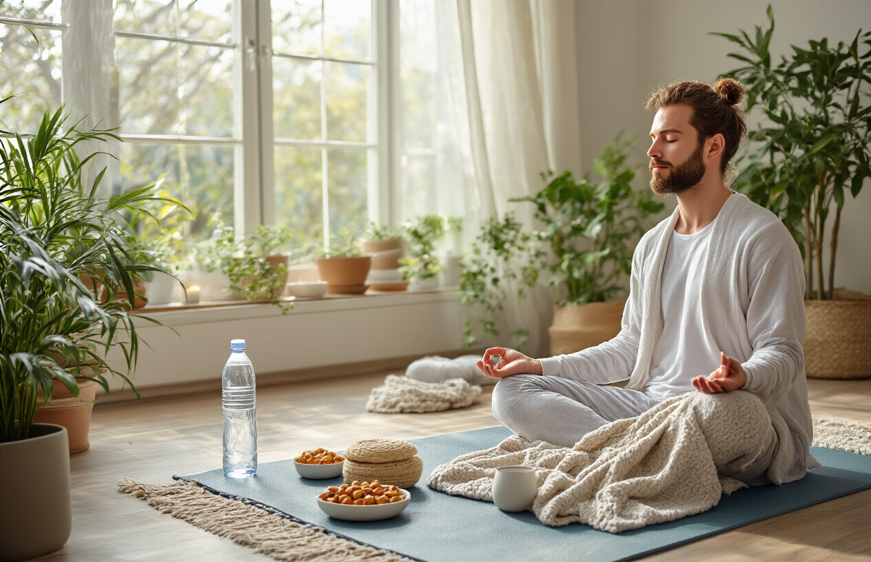 Create a realistic image of a calm meditation or mindfulness scene with a white male sitting cross-legged on a yoga mat in a peaceful indoor setting, surrounded by safety elements like a water bottle, healthy snacks, and a cozy blanket, with soft natural lighting streaming through a window, plants in the background, and a serene atmosphere that emphasizes wellness and responsible practices, absolutely NO text should be in the scene.
