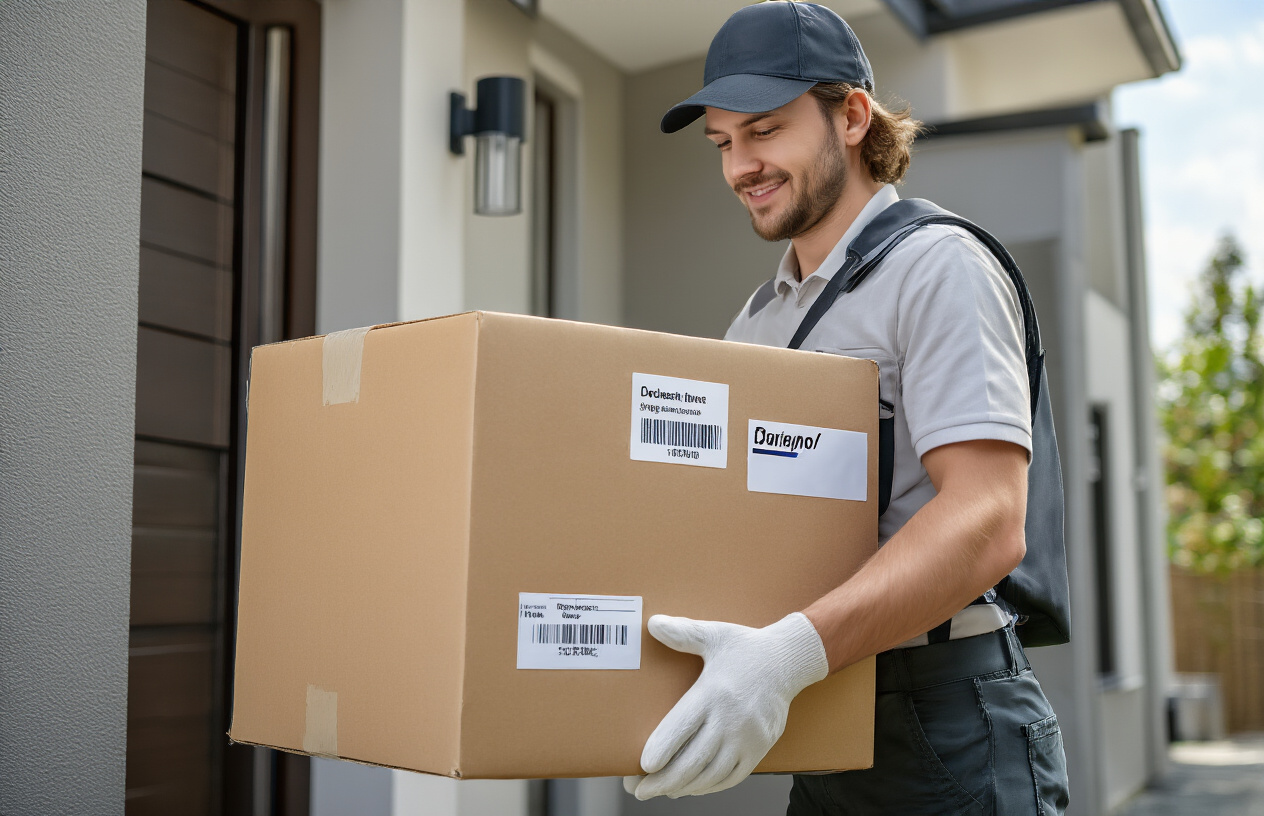 Create a realistic image of a secure online delivery process showing a discreet brown cardboard package with shipping labels being carefully handled by a white male delivery person wearing gloves, with a modern European residential doorstep in the background, emphasizing safety and professionalism through clean lighting and organized presentation, conveying trust and security in the delivery service, absolutely NO text should be in the scene.