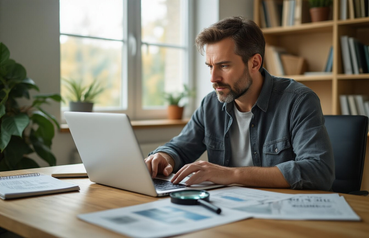 Create a realistic image of a thoughtful white male in his 30s sitting at a clean wooden desk with a laptop open, surrounded by research materials including printed articles and a notebook with handwritten notes, with a magnifying glass nearby symbolizing careful examination, set in a well-lit modern home office with natural lighting from a window, conveying a serious and contemplative mood as he evaluates important decision-making factors, with bookshelves and plants in the soft-focused background creating a professional atmosphere, absolutely NO text should be in the scene.