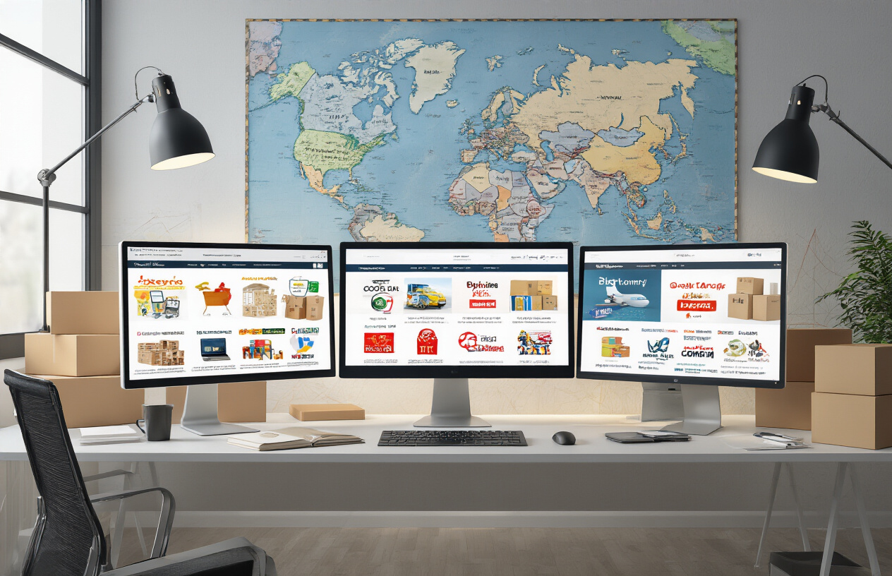 Create a realistic image of a modern computer setup with multiple online shopping websites displayed on screens showing various retail platforms, surrounded by European and UK maps on the wall, with delivery boxes and packages scattered on a clean desk, professional lighting illuminating the workspace, conveying a sense of established online commerce and international shipping capabilities, absolutely NO text should be in the scene.