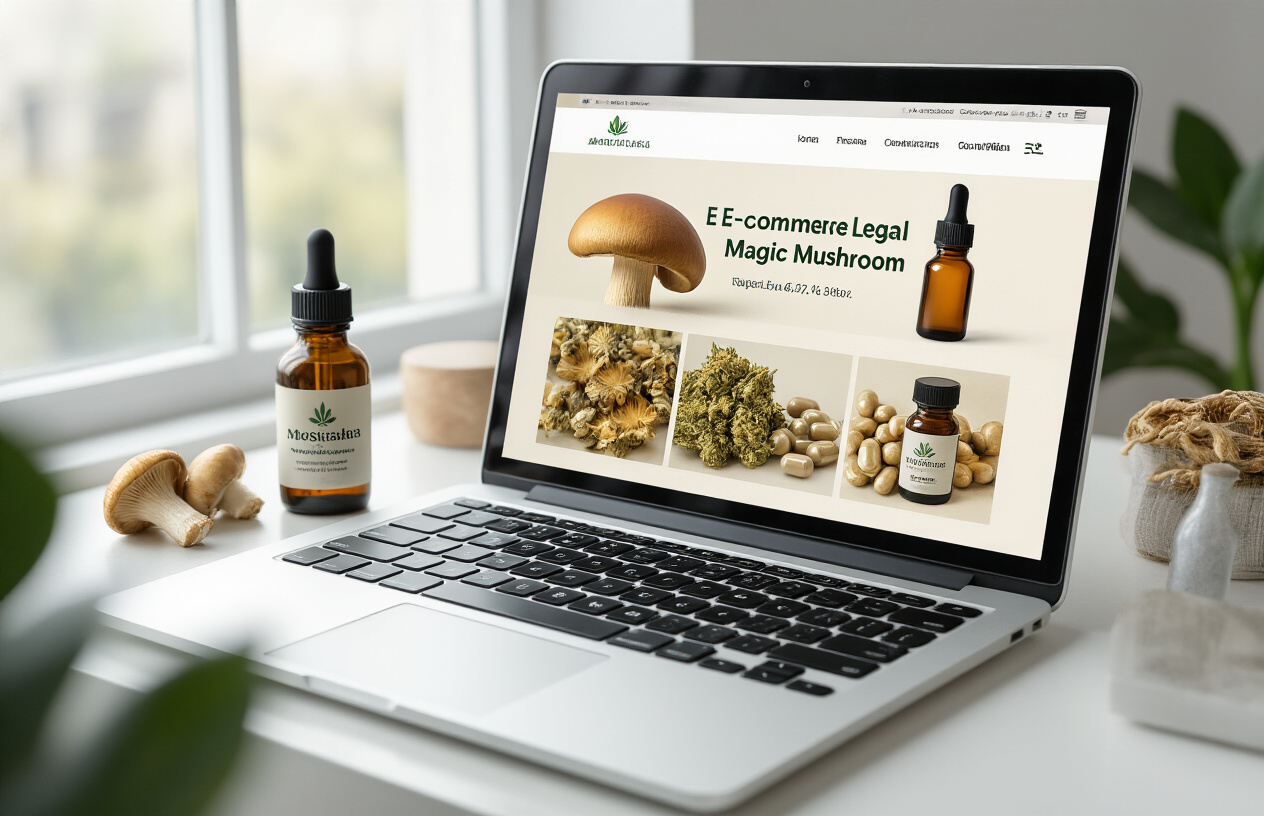 Create a realistic image of a modern laptop computer displaying an e-commerce website with various legal magic mushroom products including dried mushrooms, mushroom capsules, and mushroom tincture bottles arranged on the screen, with a clean white desk surface, soft natural lighting from a window, and a professional indoor setting that conveys legitimate online shopping, absolutely NO text should be in the scene.