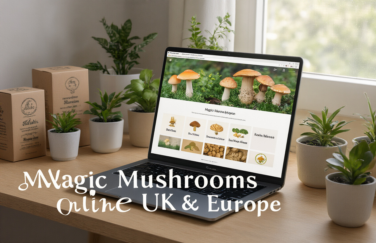 Create a realistic image of a clean, modern computer setup on a wooden desk with a laptop displaying an online shopping website featuring magic mushroom products, surrounded by small potted plants and European-style packaging boxes, with soft natural lighting from a window, and the text "Magic Mushrooms Online UK & Europe" overlaid in elegant white typography.