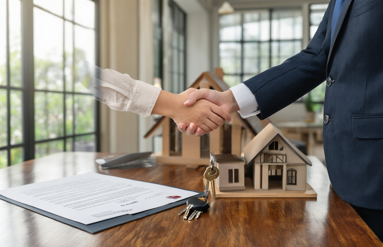 Create a realistic image of a professional handshake between two people in business attire symbolizing a successful loan agreement, with elegant real estate documents and house keys on a polished wooden desk in the background, modern office setting with natural lighting from large windows, conveying trust and financial partnership in private lending, absolutely NO text should be in the scene.