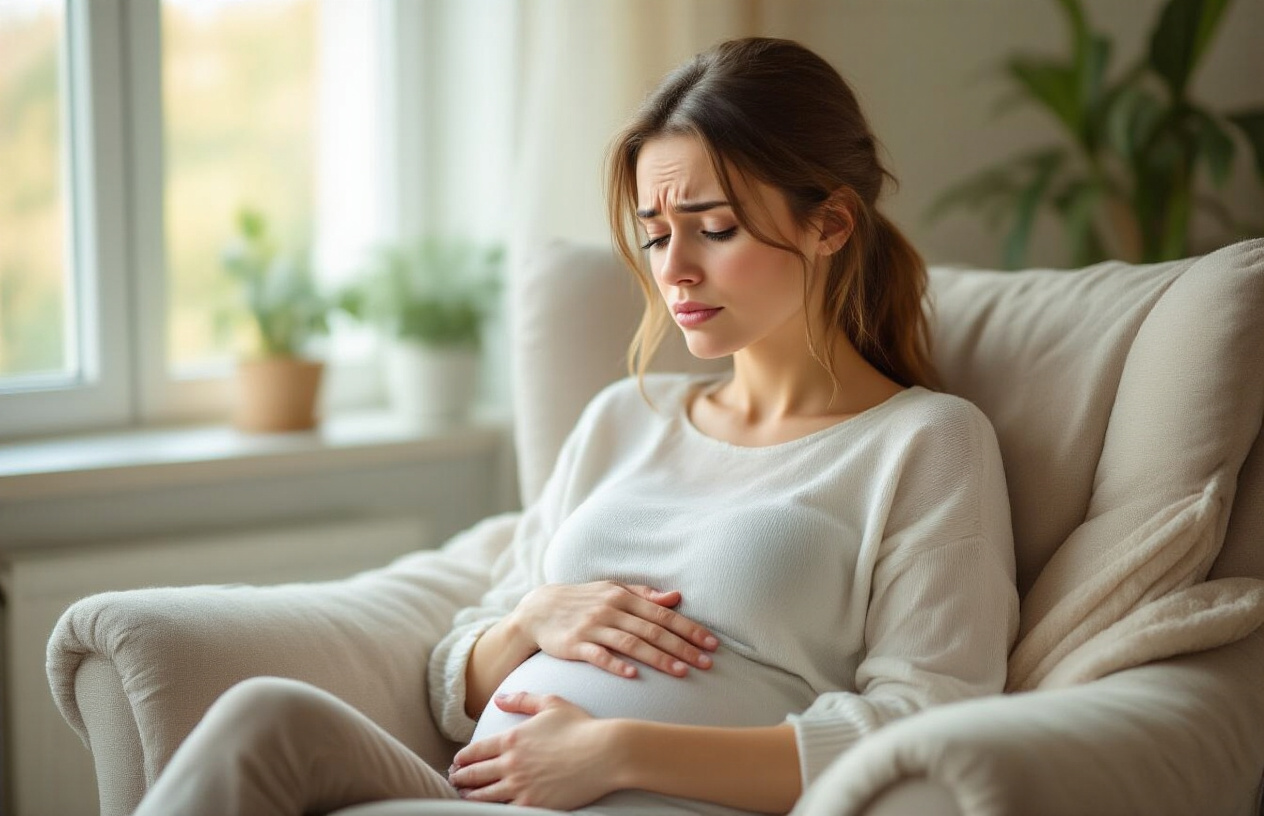 Create a realistic image of a pregnant white female sitting in a comfortable chair, holding her belly with one hand while looking thoughtful and slightly worried, surrounded by soft natural lighting from a window, with gentle pastel colors creating a calm yet contemplative mood in a cozy living room setting, focusing on her facial expression that shows mild concern and introspection, absolutely NO text should be in the scene.