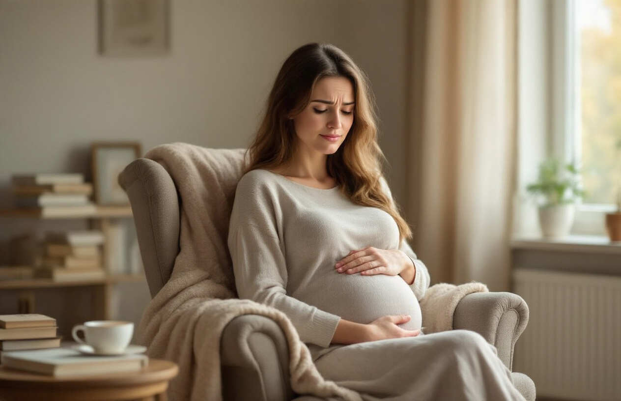 Create a realistic image of a pregnant woman sitting in a comfortable chair in a cozy living room, looking thoughtful and slightly concerned as she holds her belly, with soft natural lighting from a nearby window, featuring warm neutral tones and a peaceful domestic setting with books and a cup of tea on a side table, representing the contemplative process of understanding pregnancy-related concerns, absolutely NO text should be in the scene.