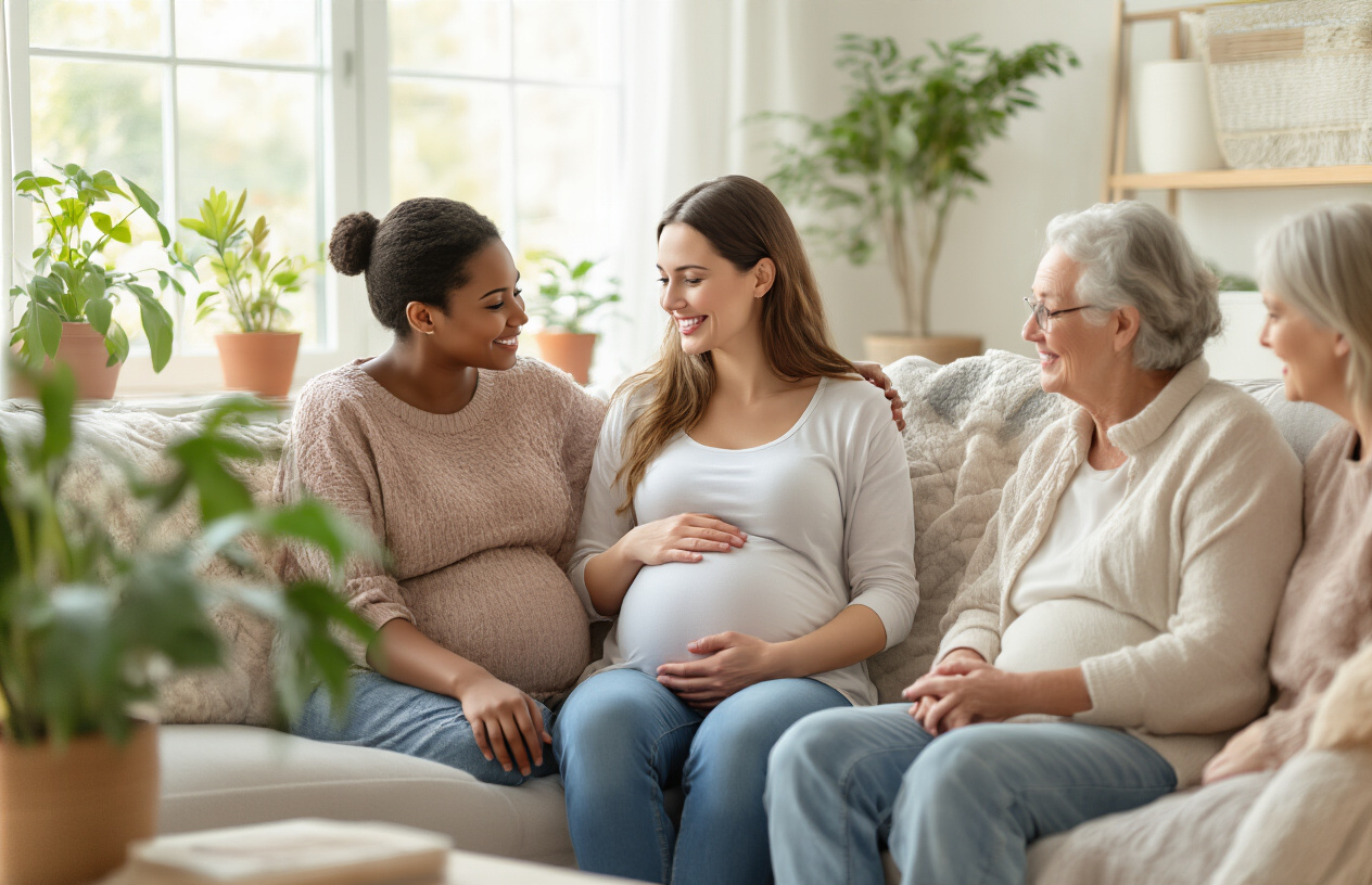 Create a realistic image of a pregnant white woman sitting comfortably on a couch surrounded by supportive friends and family members of diverse backgrounds including a black female friend, a white male partner, and an older white female family member, all engaged in warm conversation in a bright, welcoming living room with soft natural lighting streaming through windows, potted plants, and cozy home decor creating an atmosphere of care and emotional support, with the pregnant woman appearing relaxed and connected to her loved ones, absolutely NO text should be in the scene.