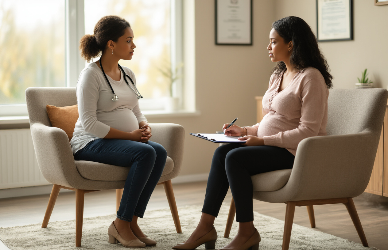Create a realistic image of a pregnant white female patient sitting across from a black female healthcare professional therapist in a warm, welcoming office setting, with the therapist holding a clipboard and both women engaged in serious conversation, soft natural lighting from a window, comfortable chairs, diplomas on the wall, and a calm, supportive atmosphere that conveys professional mental health consultation, absolutely NO text should be in the scene.