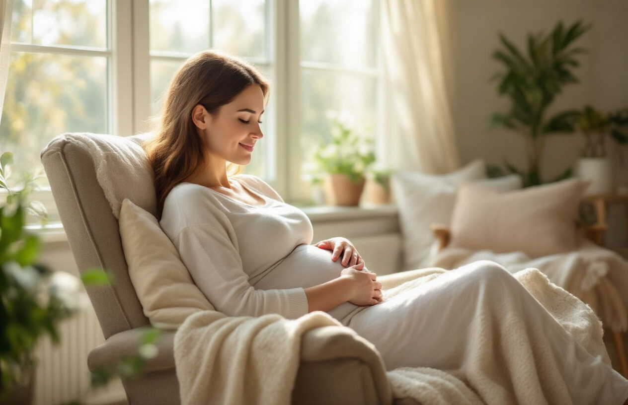 Create a realistic image of a peaceful pregnant white woman in her third trimester sitting in a comfortable chair by a large window with natural sunlight streaming in, her hands gently resting on her belly with a serene and hopeful expression, surrounded by calming elements like soft cushions and a warm blanket, with a tranquil home environment in the background featuring plants and soft colors, conveying a sense of calm, hope, and emotional well-being after overcoming anxiety, absolutely NO text should be in the scene.