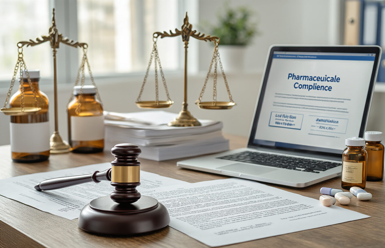 Create a realistic image of a clean, professional setting showing legal documents and medical regulations spread on a wooden desk, with a gavel, scales of justice, and prescription medication bottles in the background, complemented by a laptop computer displaying official healthcare website pages, all arranged in a well-lit office environment with natural lighting from a window, conveying a serious and authoritative mood about pharmaceutical legal compliance, absolutely NO text should be in the scene.
