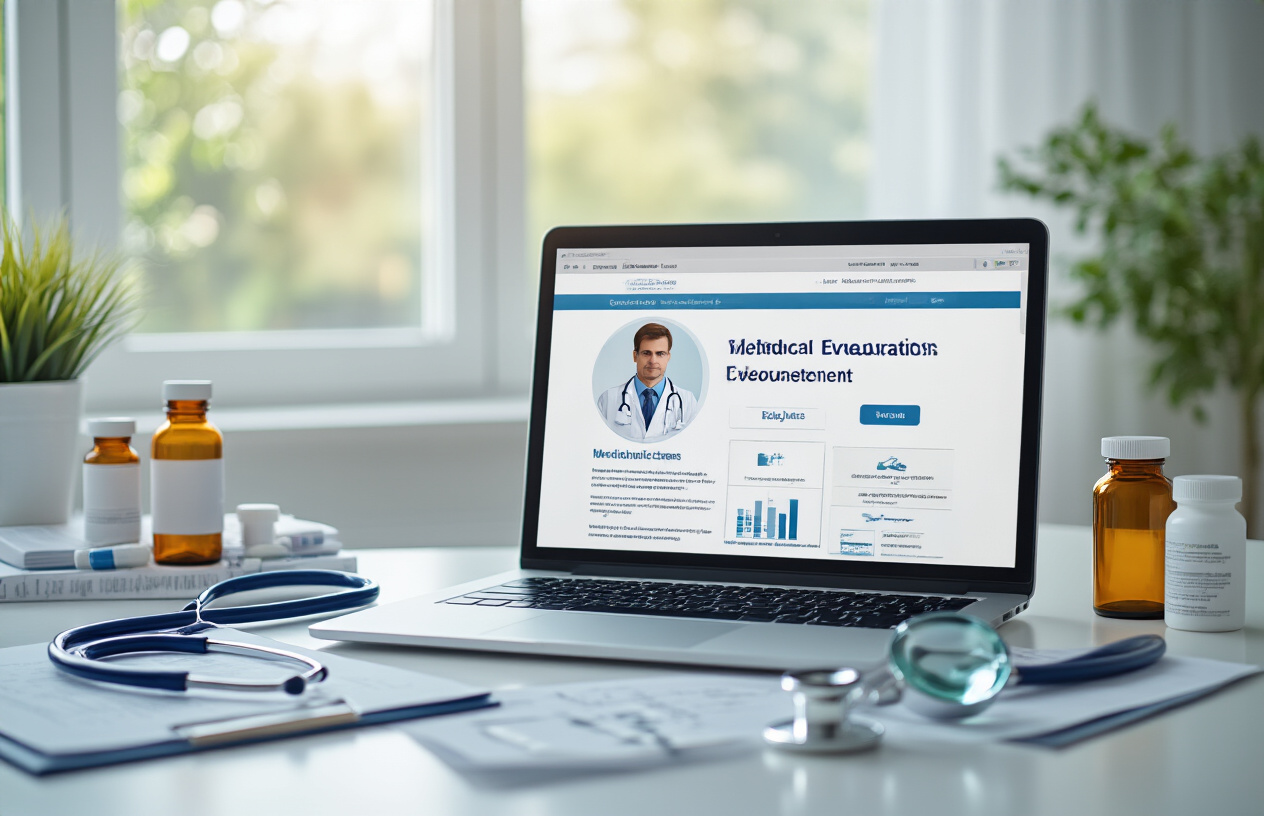 Create a realistic image of a professional evaluation scene showing a clean, modern desktop workspace with a laptop computer displaying a medical website interface, surrounded by medical evaluation documents, a stethoscope, prescription medication bottles, and a magnifying glass symbolizing careful assessment, with soft natural lighting from a window, conveying trust and medical professionalism, Absolutely NO text should be in the scene.