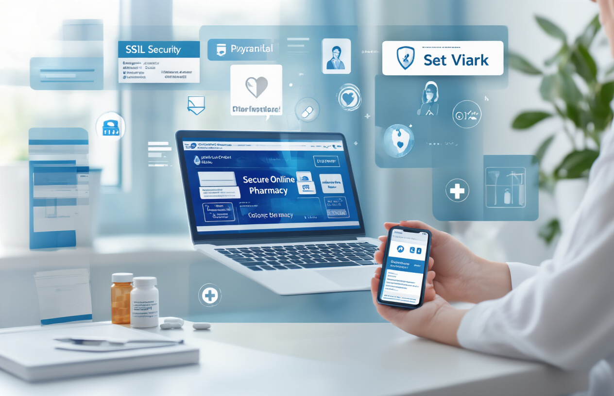 Create a realistic image of a clean, modern computer desk setup with a laptop displaying a secure online pharmacy website interface, featuring SSL security badges and trust symbols, with a white female hand holding a smartphone showing payment verification screens, medical consultation icons visible on the laptop screen, soft natural lighting from a window, professional healthcare-themed color palette of blues and whites, pill bottle silhouettes subtly integrated into the background design, conveying trust and medical professionalism, absolutely NO text should be in the scene.