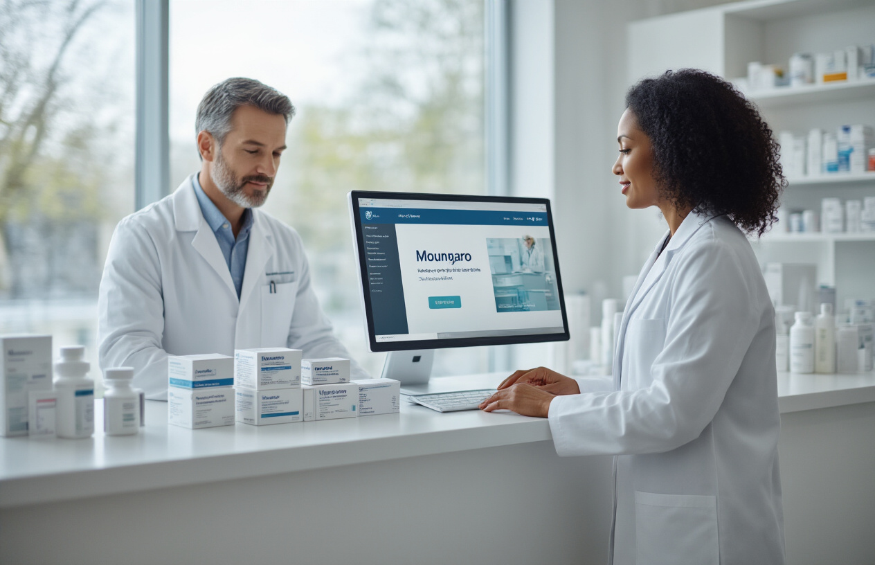 Create a realistic image of a modern, clean pharmacy counter with Mounjaro medication boxes displayed prominently, a sleek computer screen showing an online pharmacy website interface, a white male pharmacist in a professional white coat consulting with a middle-aged black female customer, soft natural lighting from large windows creating a trustworthy and professional healthcare environment, with subtle medical equipment and prescription bottles in the background, conveying confidence and reliability in online pharmaceutical services, absolutely NO text should be in the scene.
