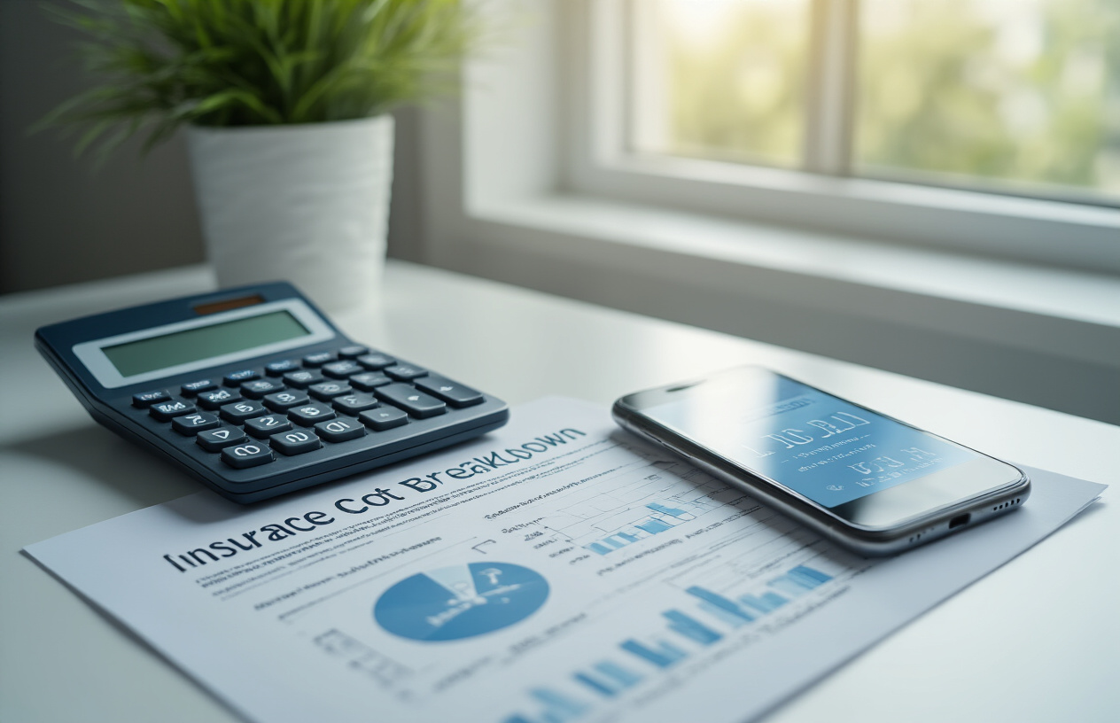 Create a realistic image of a clean, modern desk setup with a calculator, insurance documents, medical cost breakdown charts, a pen, and a smartphone displaying a healthcare app, all arranged on a white surface with soft natural lighting from a window, creating a professional atmosphere for financial planning, absolutely NO text should be in the scene.