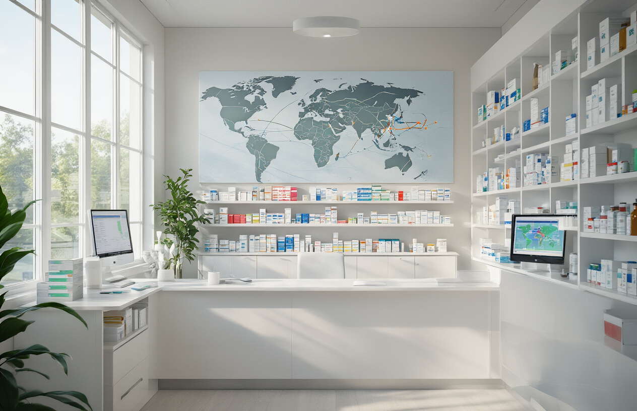 Create a realistic image of a modern customer service workspace with a professional white female representative wearing a headset sitting at a clean desk with multiple computer monitors displaying order tracking interfaces, surrounded by organized filing systems and product packaging boxes, with soft natural lighting from large windows creating a trustworthy and efficient atmosphere, complemented by a subtle medical/pharmaceutical office aesthetic with clean white and blue color scheme, absolutely NO text should be in the scene.