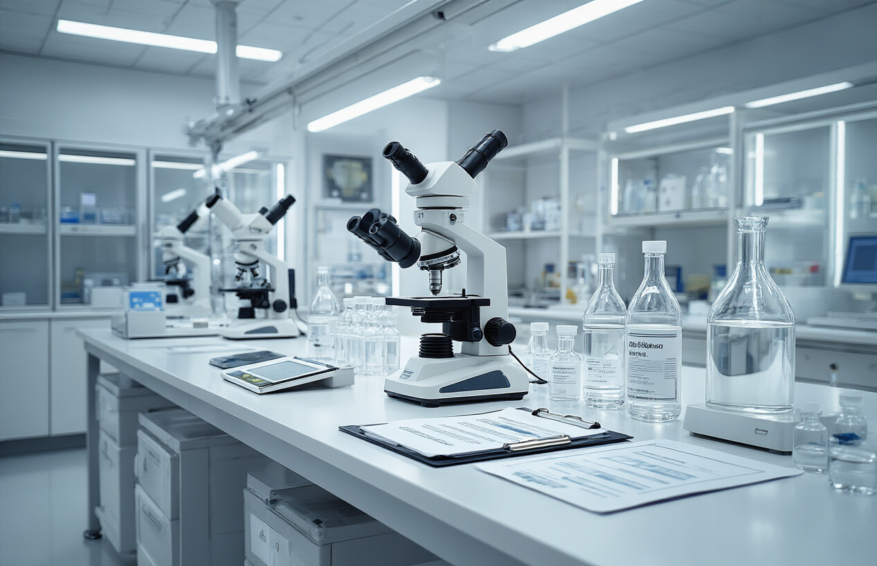 Create a realistic image of a modern pharmaceutical quality control laboratory with sterile white surfaces, scientific equipment including microscopes and testing apparatus, glass vials containing clear liquid medications on examination tables, a digital scale for precise measurements, certification documents and quality control charts visible on clipboards, bright clinical lighting, and a professional atmosphere emphasizing safety and authenticity verification processes, absolutely NO text should be in the scene.