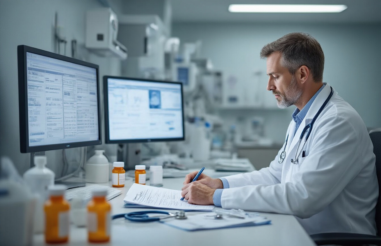 Create a realistic image of a modern hospital consultation room with a white male doctor in a white coat sitting at a desk reviewing medical charts and prescription bottles, with medical equipment including a stethoscope, blood pressure monitor, and computer displaying patient records in the background, soft clinical lighting from overhead fluorescent lights, sterile white and blue color scheme typical of medical facilities, doctor appearing focused and professional while documenting treatment protocols, absolutely NO text should be in the scene.