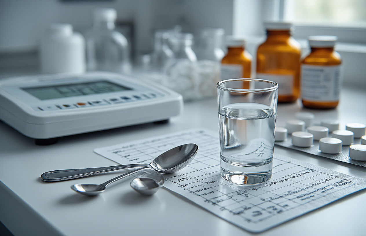Create a realistic image of a clean medical setting with precise measurement tools including a digital scale, graduated measuring spoons, and a clear glass of water on a white laboratory table, with medical dosage charts and pill bottles in the background, professional clinical lighting, sterile environment with white and blue tones, focused on accuracy and medical precision, absolutely NO text should be in the scene.