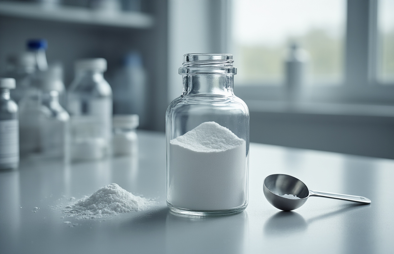 Create a realistic image of a clear glass medicine bottle containing white powder substance on a clean white laboratory counter, with a measuring spoon beside it, sterile medical environment with soft natural lighting from a window, clinical atmosphere suggesting pharmaceutical preparation, bottle has a simple label without text, background shows blurred laboratory equipment and clean surfaces, professional medical setting with neutral colors and pristine conditions, absolutely NO text should be in the scene.