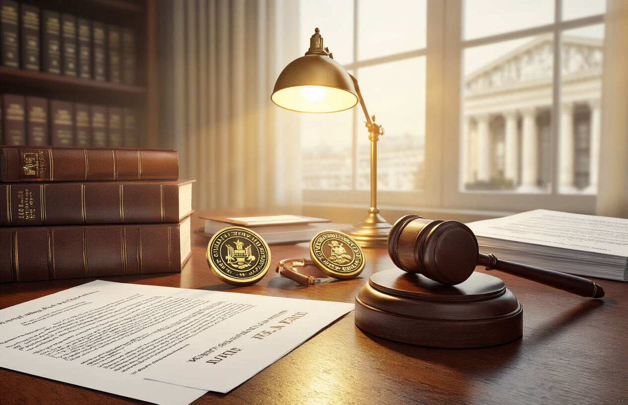 Create a realistic image of a professional legal office setting with law books, legal documents, and regulatory files scattered on a mahogany desk, a gavel resting beside official government seals and pharmaceutical regulation symbols, warm ambient lighting from a desk lamp creating shadows across the paperwork, formal courtroom or government building visible through a window in the background, conveying a serious and authoritative atmosphere related to pharmaceutical law and regulation, absolutely NO text should be in the scene.