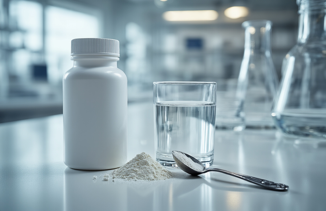 Create a realistic image of a clean, modern pharmaceutical laboratory setting with a white medicine bottle containing powder, a measuring spoon, and a glass of clear liquid on a sterile white counter surface, with soft clinical lighting, blurred laboratory equipment in the background, conveying a professional medical environment, Absolutely NO text should be in the scene.