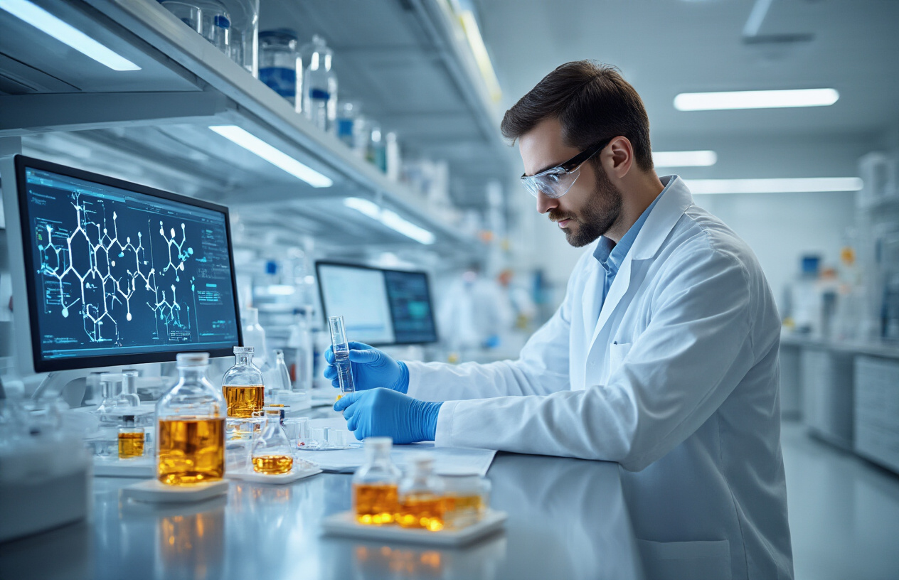 Create a realistic image of a clean, organized medicine cabinet or pharmacy counter displaying various prescription pill bottles with safety caps, a digital scale, measuring tools, and medical reference books, alongside safety symbols like warning labels and prescription guidelines charts, set in a professional medical environment with bright, clinical lighting and a sterile white background, featuring a middle-aged white female pharmacist in a white coat carefully organizing medications while wearing gloves, with focus on precision and safety protocols, absolutely NO text should be in the scene.