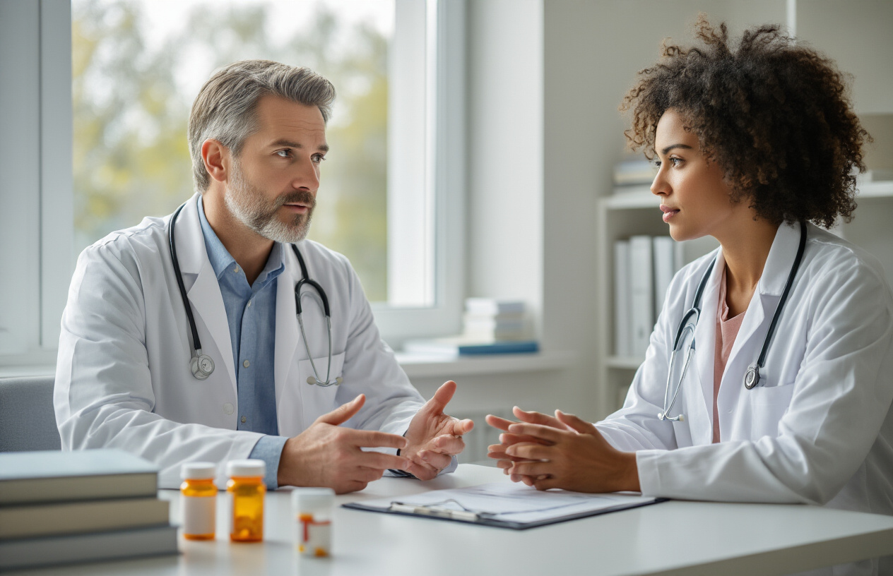 Create a realistic image of a clean, professional medical consultation room with a white male doctor in a lab coat sitting across from a diverse patient, having a serious but reassuring conversation about medication safety, with medical books and prescription bottles visible on the desk between them, soft natural lighting streaming through a window, conveying hope and responsible healthcare guidance, absolutely NO text should be in the scene.