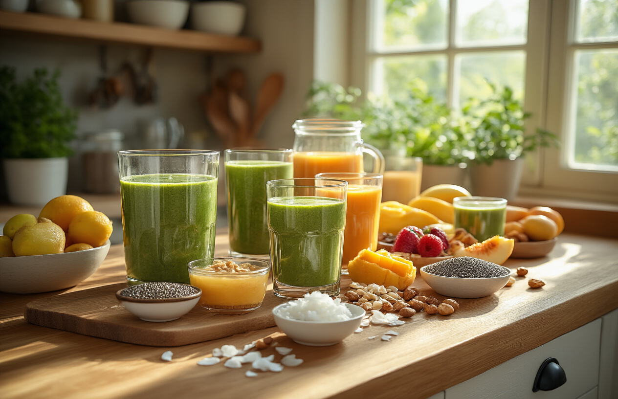 Create a realistic image of a wooden kitchen counter displaying an assortment of energizing breakfast beverages in clear glasses including green smoothies, fresh fruit juices, and herbal teas, alongside healthy add-ons like chia seeds in small bowls, sliced fresh fruits, nuts, and coconut flakes, with natural morning light streaming through a nearby window creating a warm and inviting atmosphere, absolutely NO text should be in the scene.